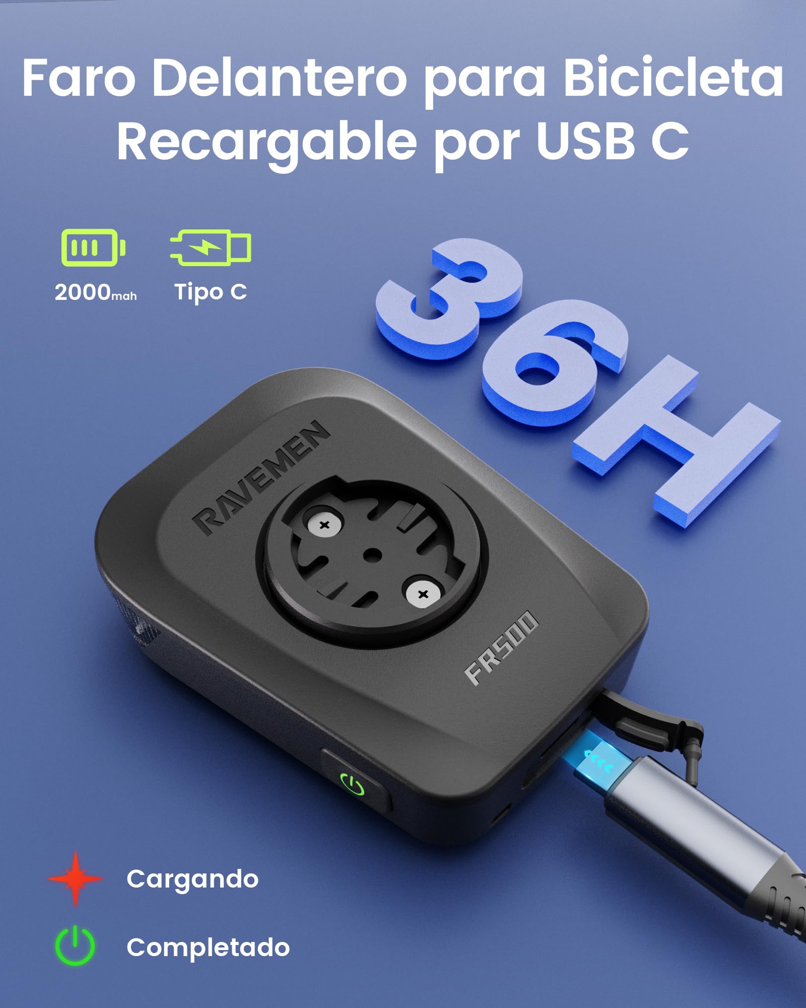 RAVEMEN FR500 500 Lúmenes Luz Delantera para Bicicleta de para Ciclismo Diurno y Nocturno, Compatible con Garmin/Wahoo Ciclocomputadores, 6 Modos USB C ON/Off Automático IPX6 Resistente al Agua