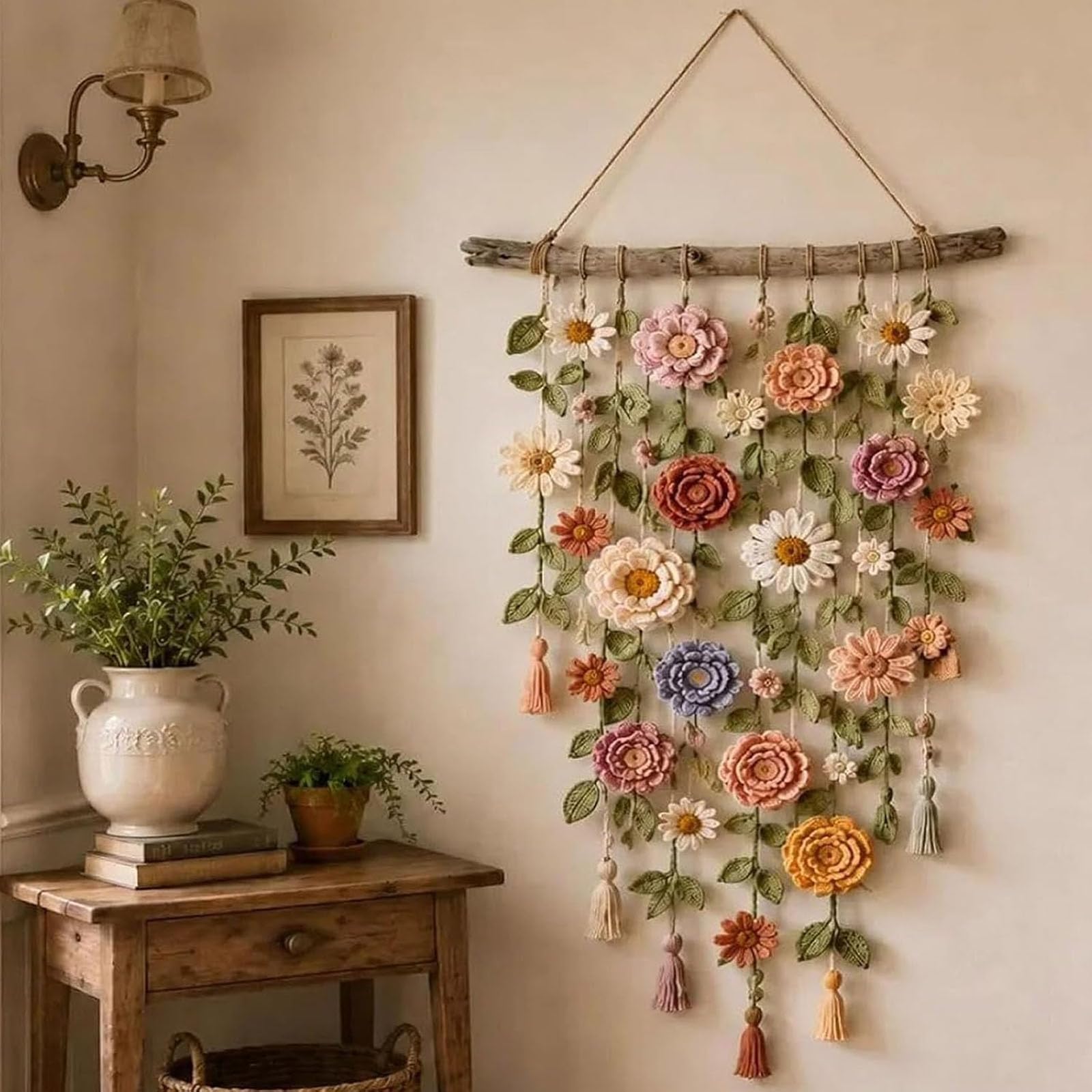 Crochet Flower Garden Wall Hanging, Bohemian Handmade Crochet Flower Wall Decor, Cotton Floral Macrame Hanging with Cascading Flowers, Boho Farmhouse Decor（1PC）