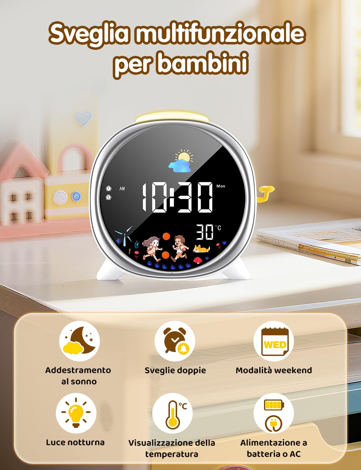 LIORQUE Sveglia Digitale per Bambini, Sveglia Bambini, 5 Suoni, Luce Notturna Regolabile, Display LCD con Modalità Sole e Luna, Doppia Allarme, Alimentazione USB, per Bambini e Bambine