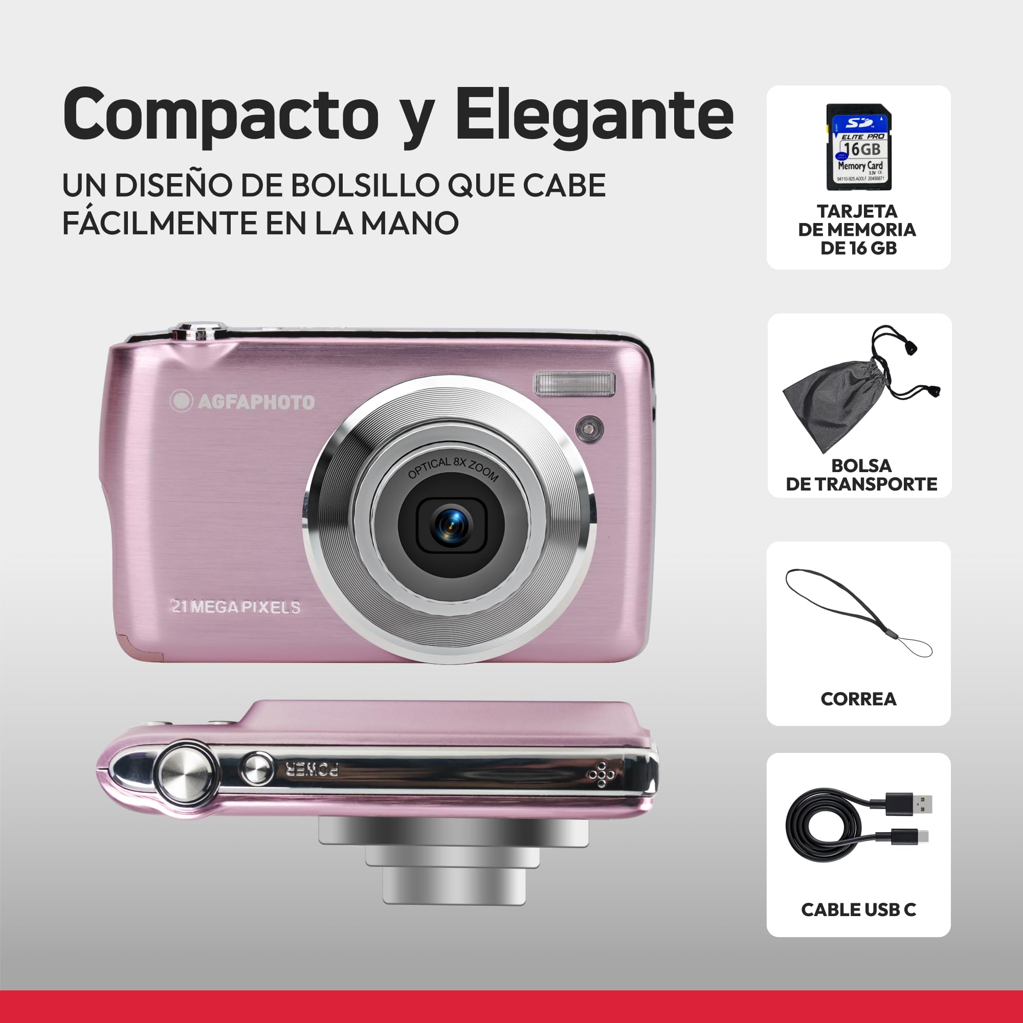 AgfaPhoto - Cámara Compacta Digital 21MP - Realishot DC8200 - Vídeo Full HD 1080p - Zoom Óptico 8X - Pantalla LCD 2,7" - Incluye Batería, Tarjeta SD 16 GB, Funda - Rosa