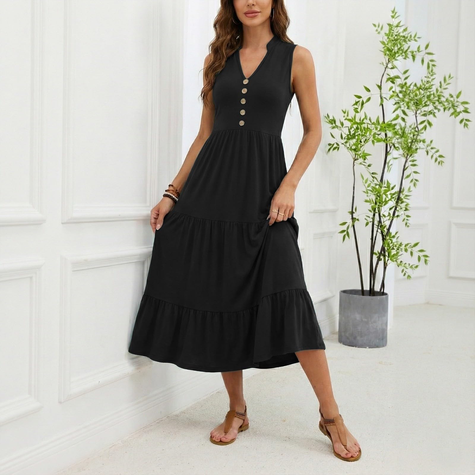 Generisch Ärmelloses, Plissiertes Maxikleid mit V-Ausschnitt, Knopfleiste und Knopfleiste – perfekt für jeden Anlass