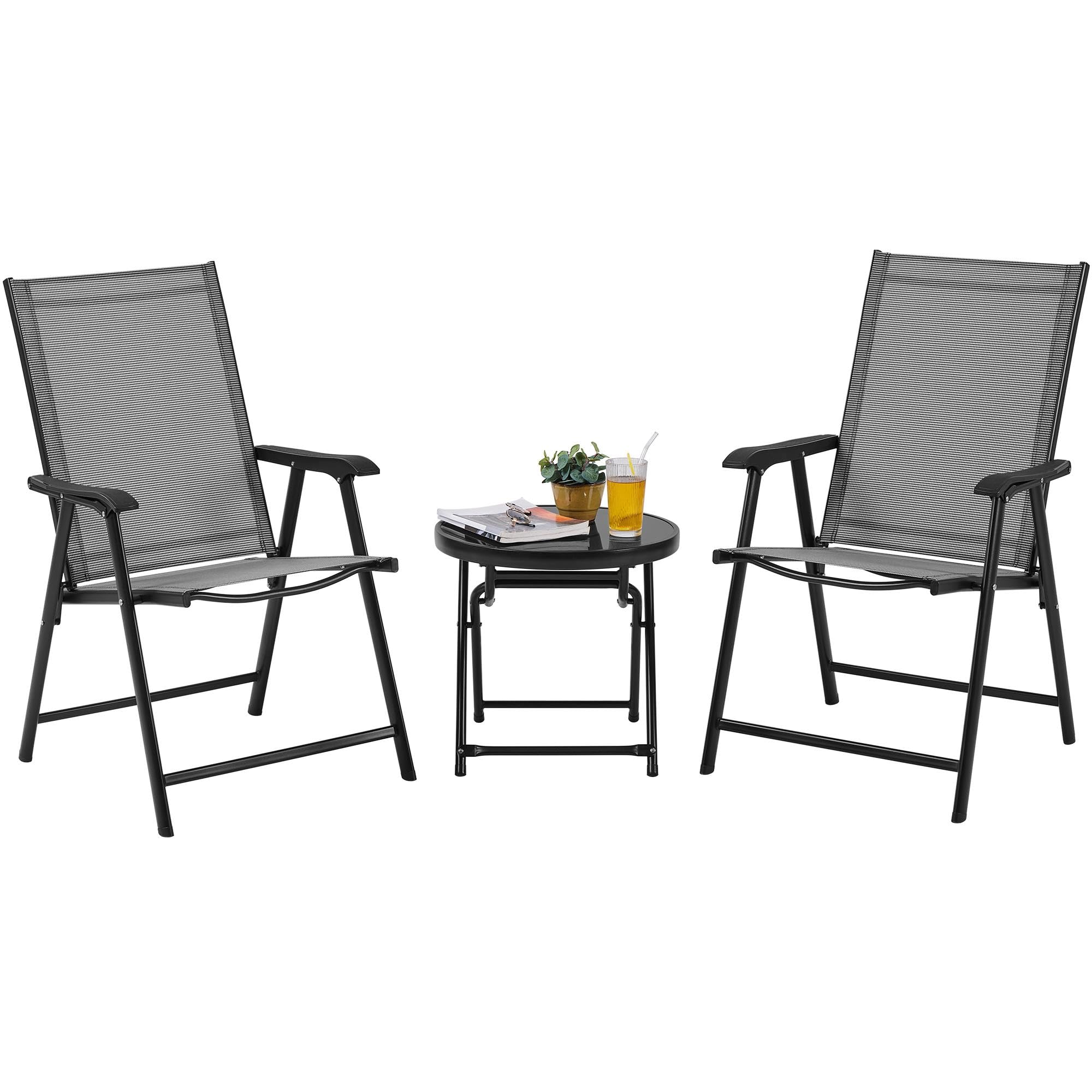Yaheetech 3-Piece Outdoor Bistro Set, Garden Folding Chairs and Tempered Glass Table Set, Foldable Patio Furniture with Backrest & Armrests for Garden, Lawn, Balcony & Poolside Relaxation, Grey/Black