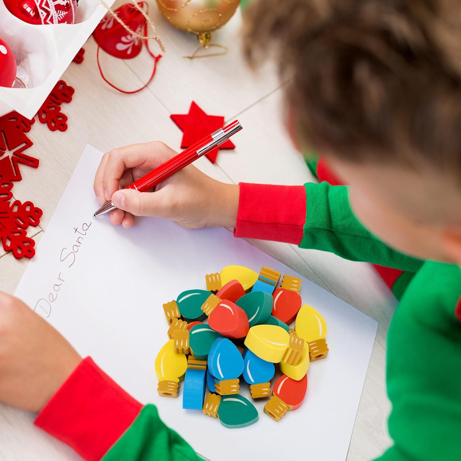 Watersay 80 Christmas Gifts Bulb Christmas Pencil Eraser Tops Mini Erasers Bulk with Merry Bright Cards and Bags Homework Rewards Prizes Xmas Holiday Gift (Bulb)