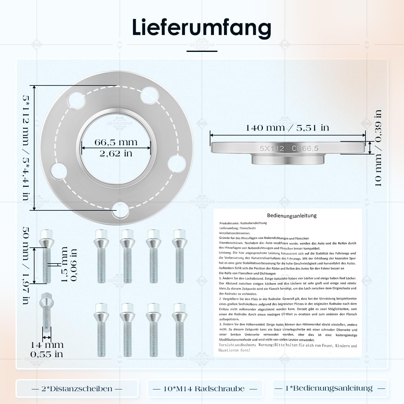Spurverbreiterung Distanzscheiben 5x112mm NLB: 66.5 mm 2x10mm Spurplatten mit 10x Radschrauben M14x1.5x50 mm Kompatibel mit Audi A4 A5 A6 4G A7
