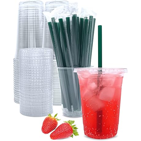 [50 Sets] 16 oz Clear Plastic Cups with Lids and Straws