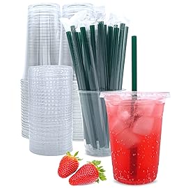 16 oz Clear Plastic Cups with Lids and Straws, Disposable Coffee Cups 25 Sets