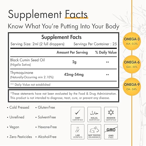 Miniatura 3 de adalin Gotas Líquidas de Aceite de Semilla de Comino Negro 1.67 fl oz  Aceite de Semilla de Nigella Sativa  Alto Contenido de Timoquinona  Prensado
