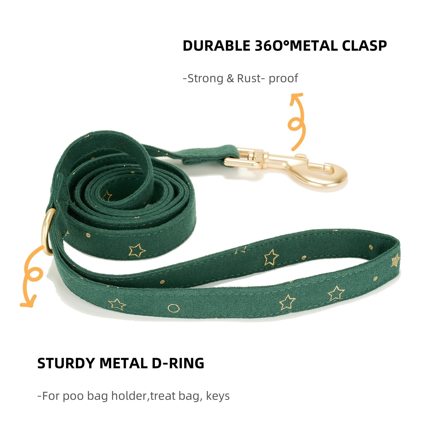 Petiry Cotton Dog Lead with Gold Star Print,With D-Ring for Poop Bag Holder,150cm Length x 2.0cm Width-Ideal for Medium to Large Dogs,GreenStar,M - Image 2