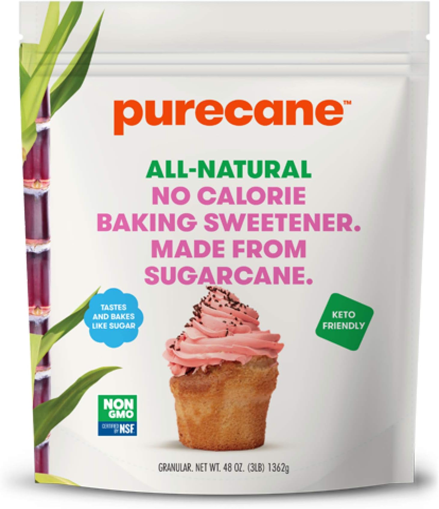 Purecane Sugar Substitute Baking Sweetener, All-Natural Purecane Baking Pouch, Granular Sugar Alternative, Zero Calorie Sweetener, Non GMO, Vegan, Diabetic & Keto Friendly 48 oz
