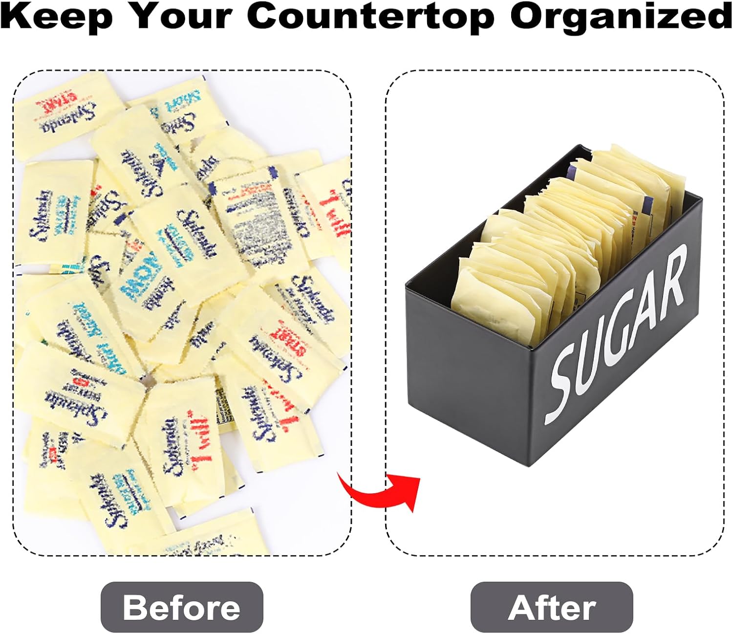 ELLDOO Sugar Packet Holder, Metal Sugar Bowl for Restaurant, Tea Bag Organizer, Small Condiments Packet Holder Sugar Caddy Dispenser for Countertop Coffee Bar（Black）