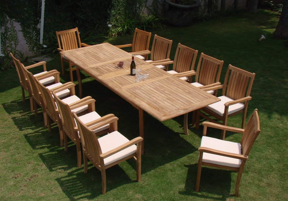 WholesaleTeakFurniture Grade-A Teak Wood 12 Seater 13 Pc Dining Set: 117" Rectangle Table and 12 Cahyo Stacking Arm Chairs #WFDSCHe