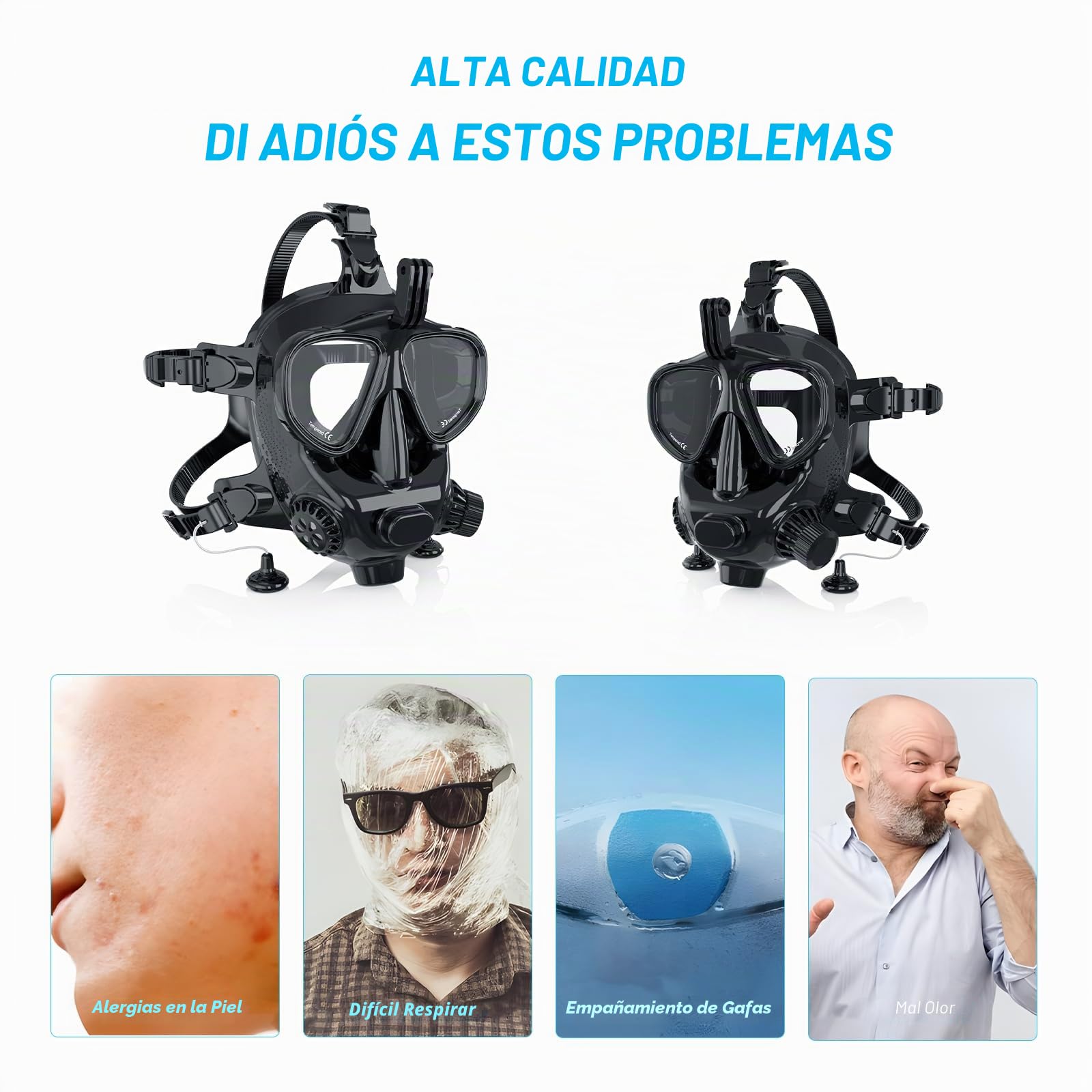 Máscara de Buceo de Cara Completa Compatible con Cuceo y Esnórquel, con Soporte para Cámara Que Proporciona una Vista Panorámica de 180° Compatible con Mini Tanques de Buceo SMACO 1L/1.9L