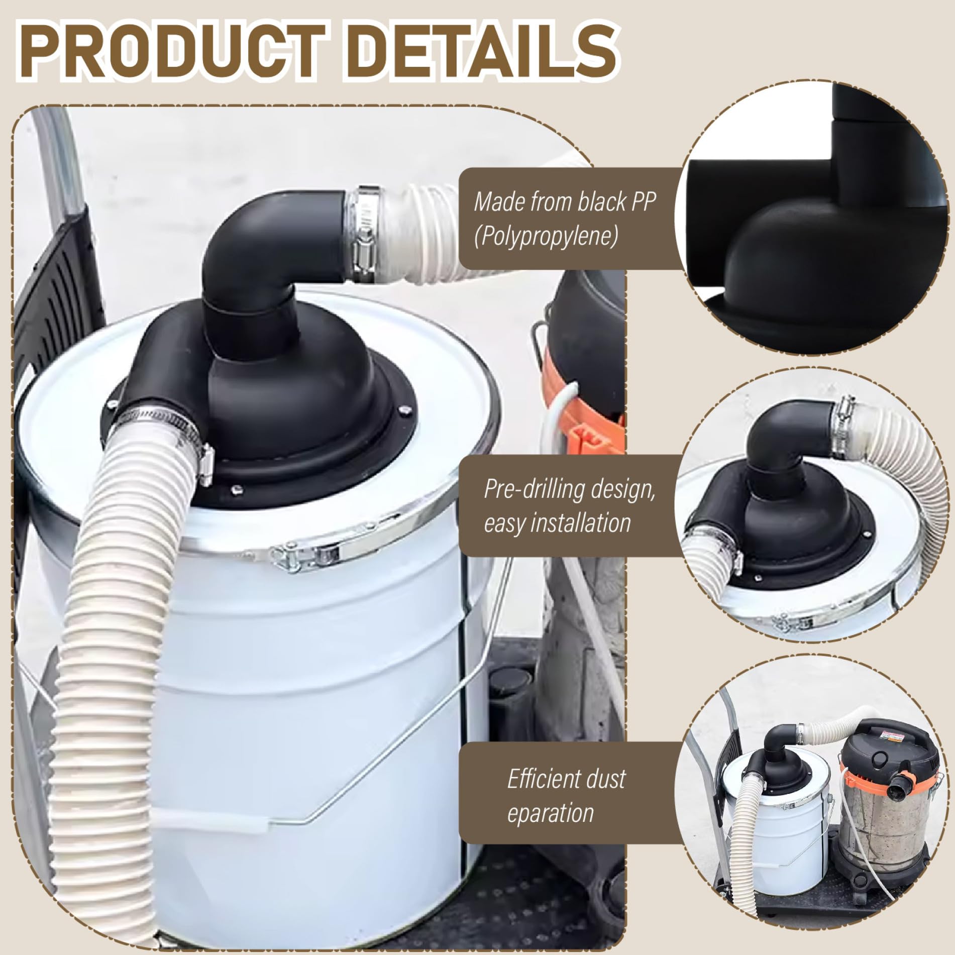 Coperchio di ciclone della polvere con gomito, coperchio del separatore nero 197mm, tappo del separatore ciclone PP pre-perforato per il sistema a vuoto, accessori per collezionisti di polvere