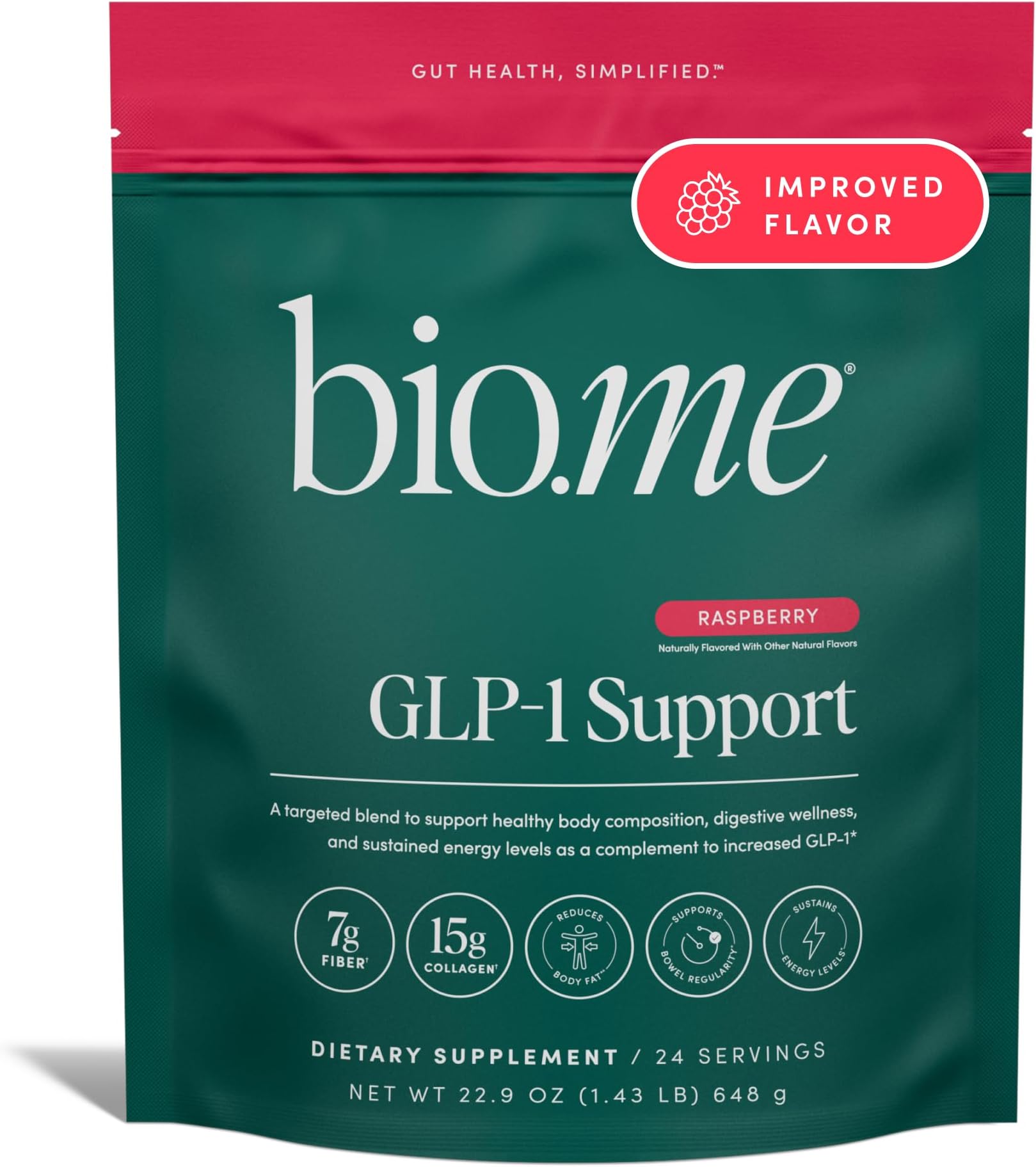 Bio.me GLP-1 Support – Multi-Benefit GLP-1 Powder for Weight Management & Digestive Health – Sustain Energy Levels - 7g Fiber, 14g Collagen Protein & Digestive Enzymes – 24 Servings (Raspberry)
