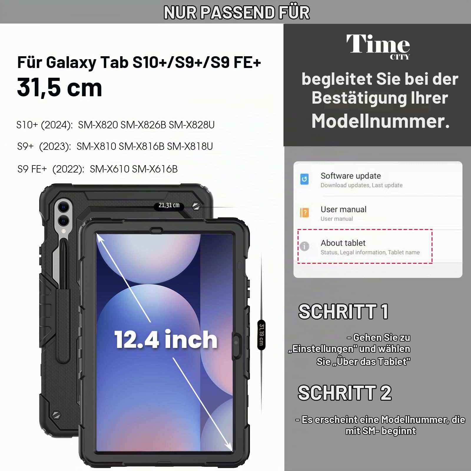 Timecity Hülle für Samsung Galaxy Tab S10+ Plus / S9 FE+ Plus / S9+ Plus | 12,4 Zoll, 2024/2023, mit Stoßfeste Displayschutz, 360° Drehbarem Ständer, Handschlaufe, Schultergurt, Stifthalter, Schwarz