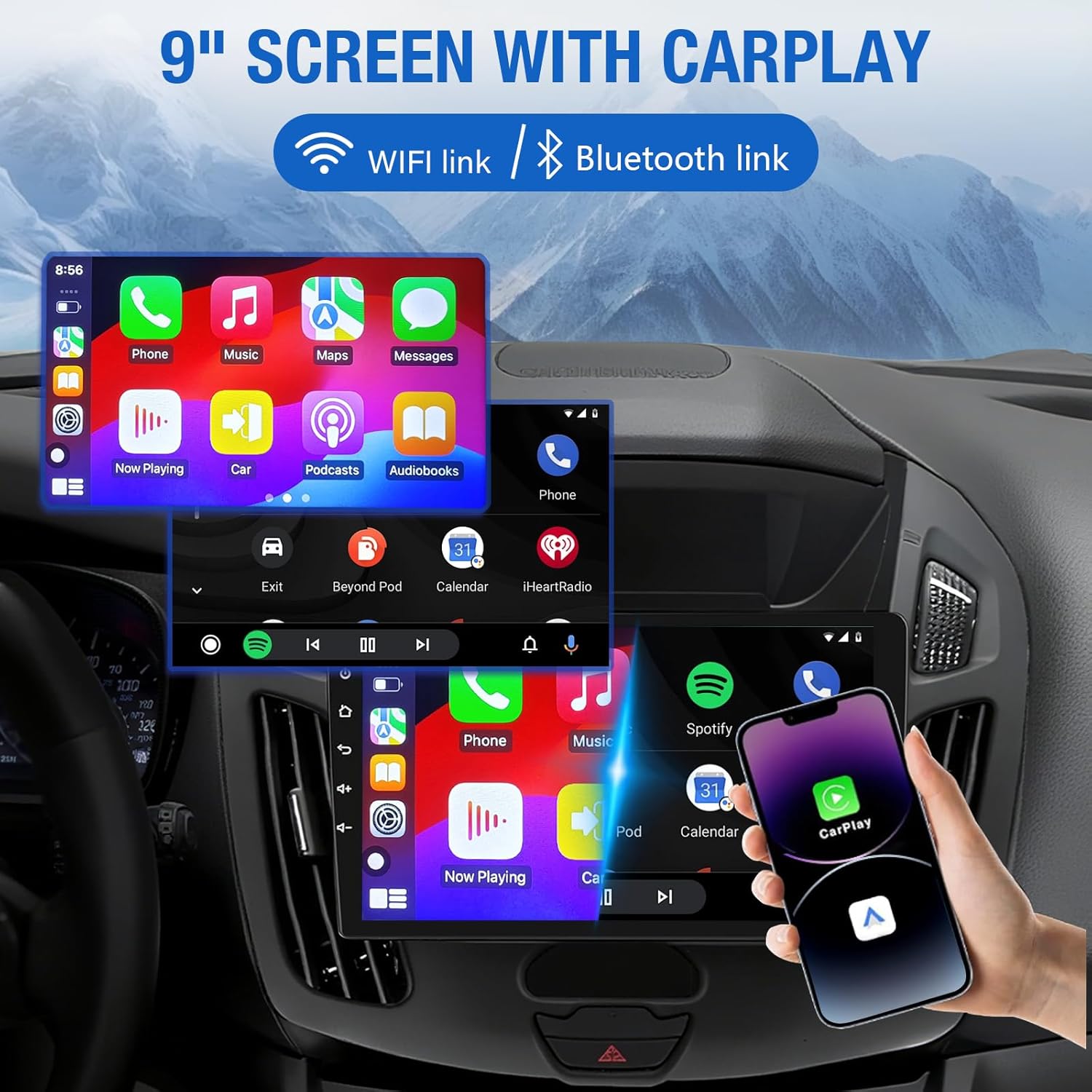 2+64GB Car Radio Stereo Compatible with Ford Transit Connect 2014-2018, 9 Inch Touch Screen Car Radio with CarPlay, GPS FM WiFi Bluetooth Backup Camera