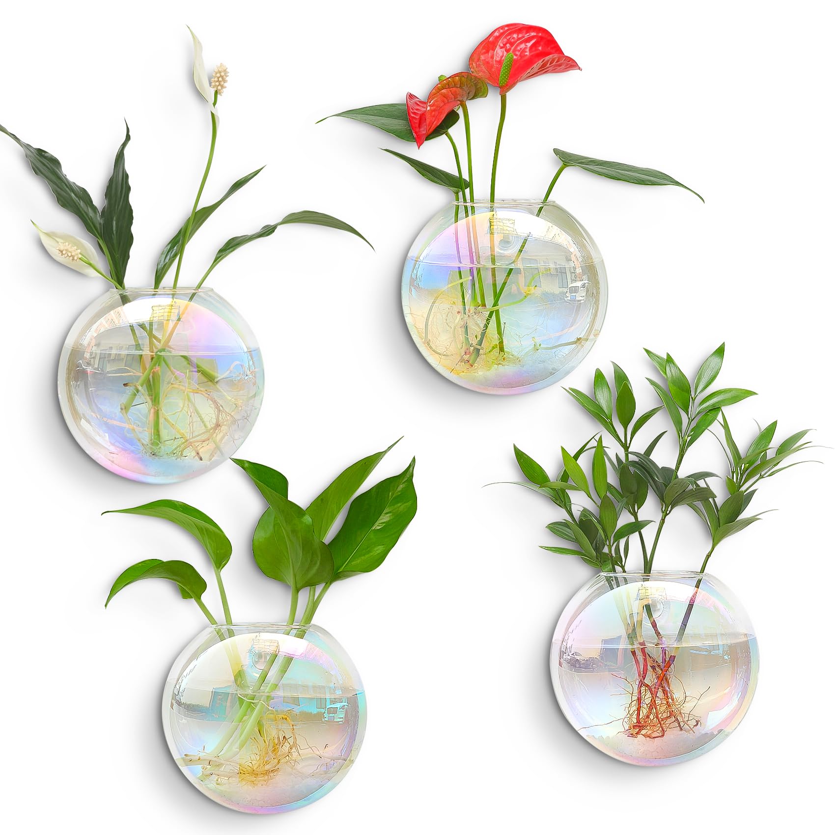 Kingbuy Wall Hanging Glass Planters Propagation Station - 4 Pack Iridescent Oblate Globe Flower Vases for Air Plants, Glass Terrariums with Floating