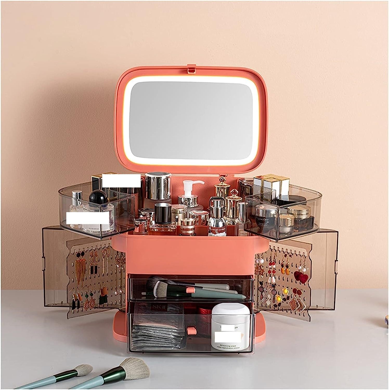Scatola portaoggetti for cosmetici, espositore for cosmetici, custodie for organizer for trucchi Armadietto portaoggetti trasparente for cosmetici con specchio a LED e 2 cassetti for organizer, rosset