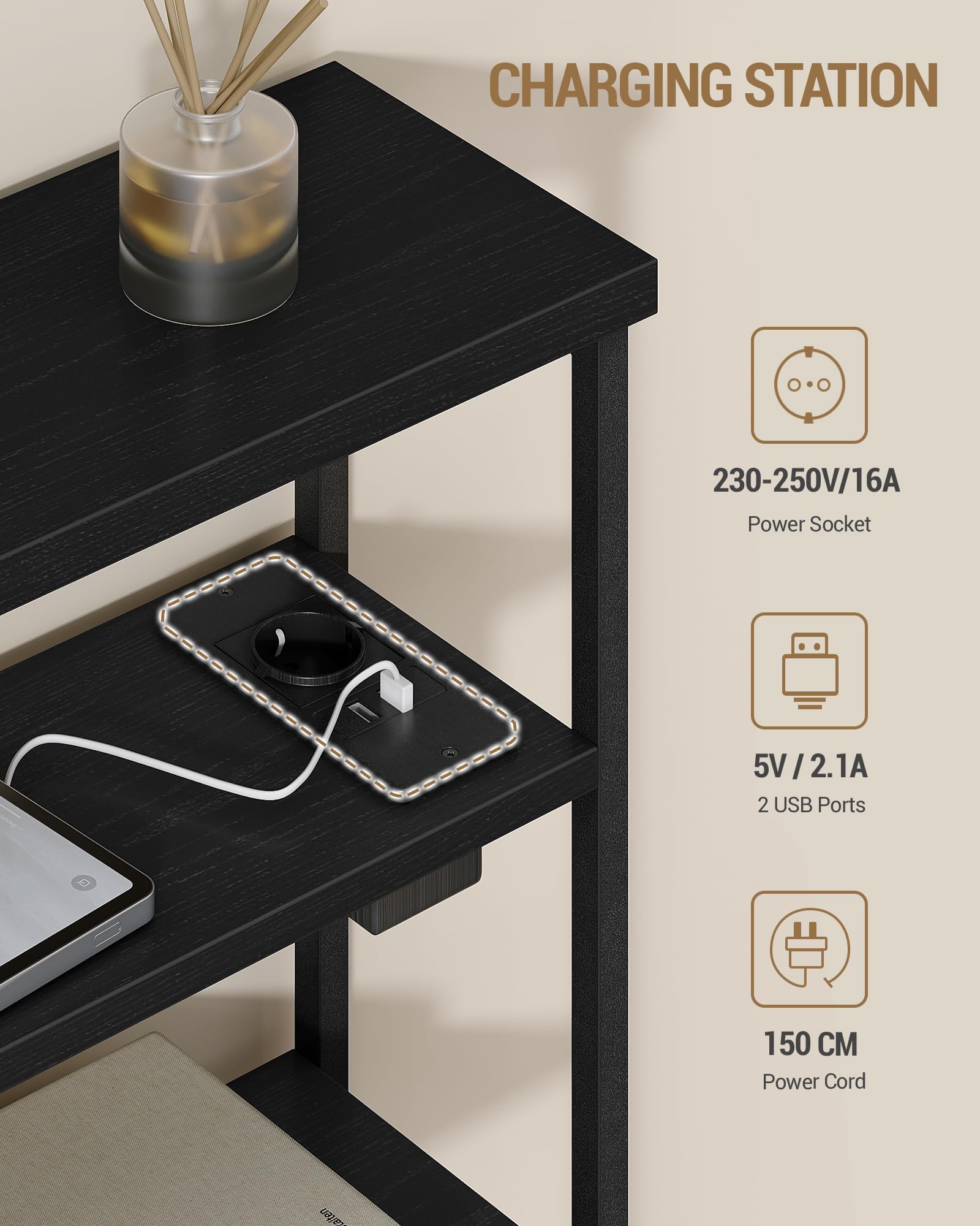 Hzuaneri Mesa Auxiliar Estrecha de 4 Niveles con Portarevistas y Toma de Carga, Mesita para Sofá de Salón, Dormitorio, Estudio, Negro ET40004BEU