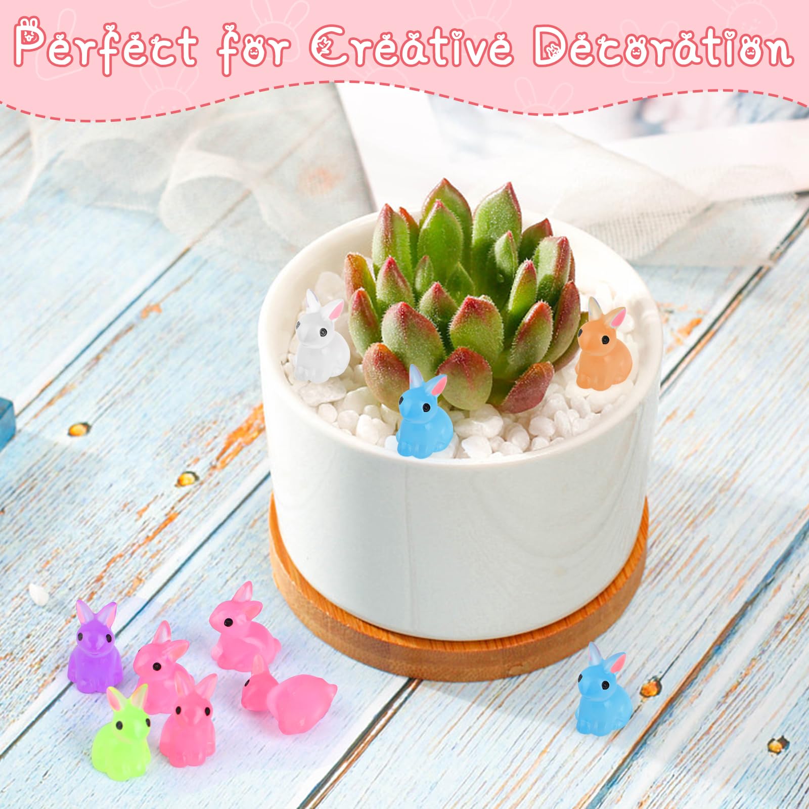 70 Mini-Kaninchen Figuren – In 7 Farben, Nachtleuchtend – Für Deko, Aquarien & Feengärten