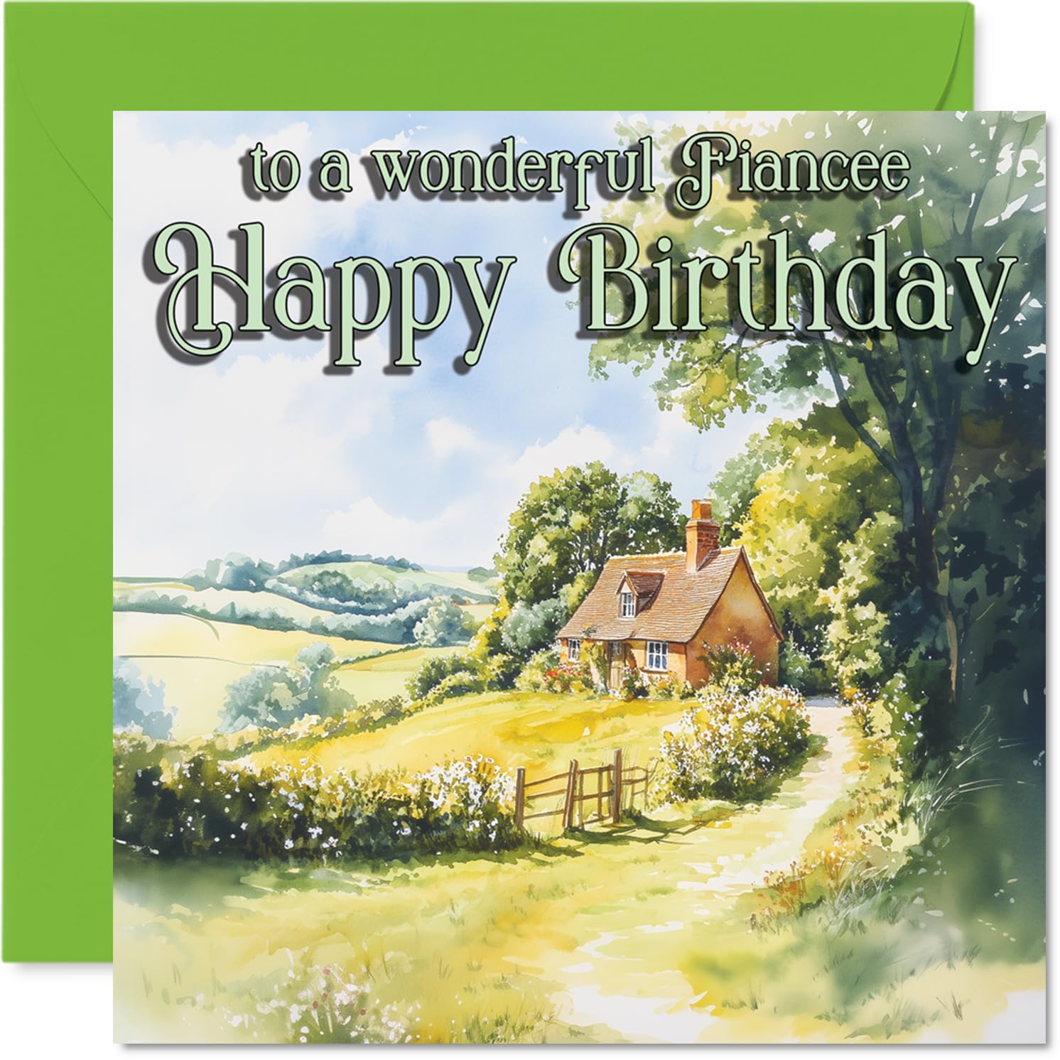 Heartfelt Birthday Card for Fiancee - Charming Cottage Scene - Tranquil Nature Setting with Lush Greenery - A Warm Way to Celebrate Your Fiancée - 145mm Square, Envelope Included