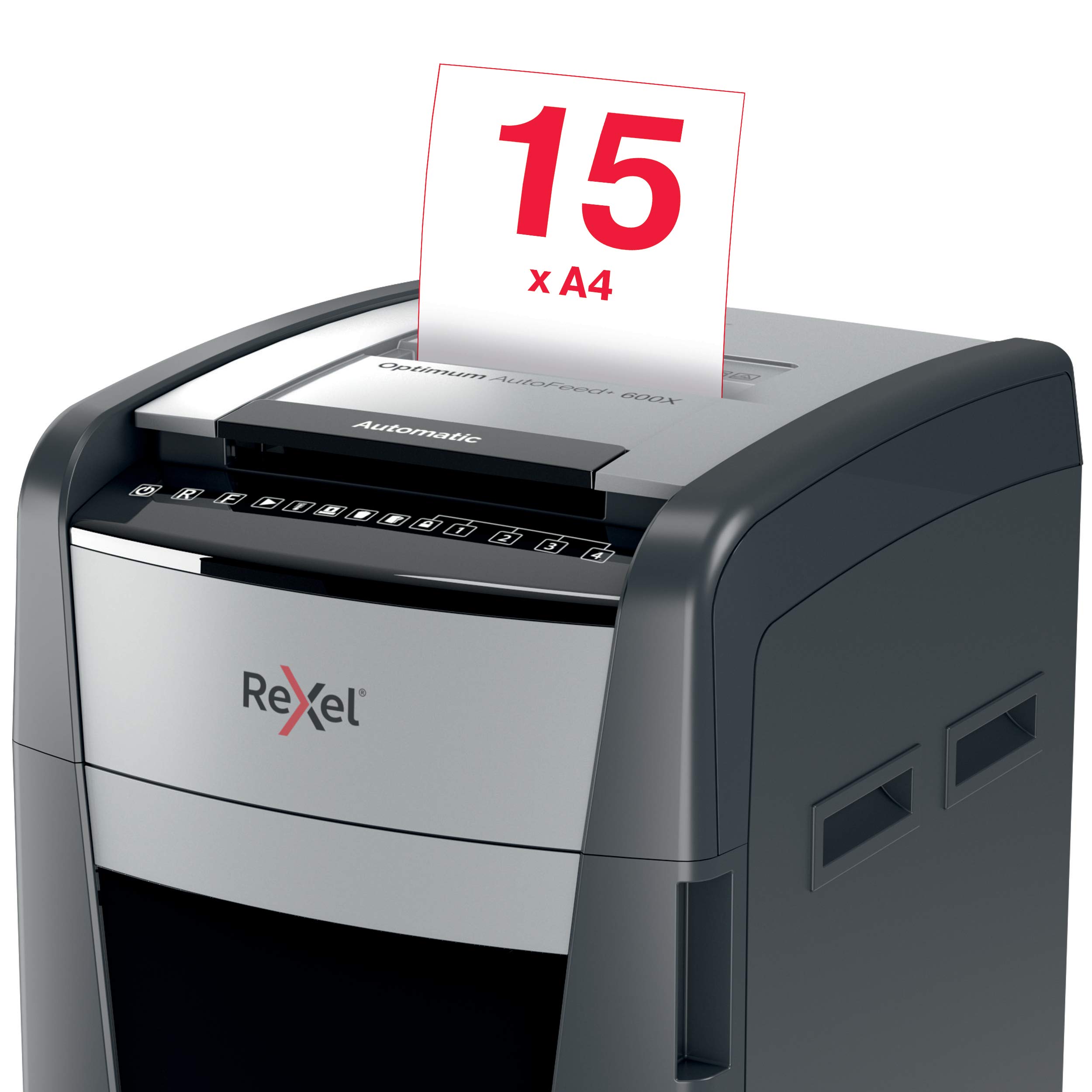 REXEL Optimum Auto Feed+ 600X, Distruggidocumenti Automatico, 600-660 Fogli (80-70 gr/mq), Taglio a Frammento, Livello di Sicurezza P-4, per i Grandi Uffici, Capacità 110 Litri, con Ruote, 2020600XEU