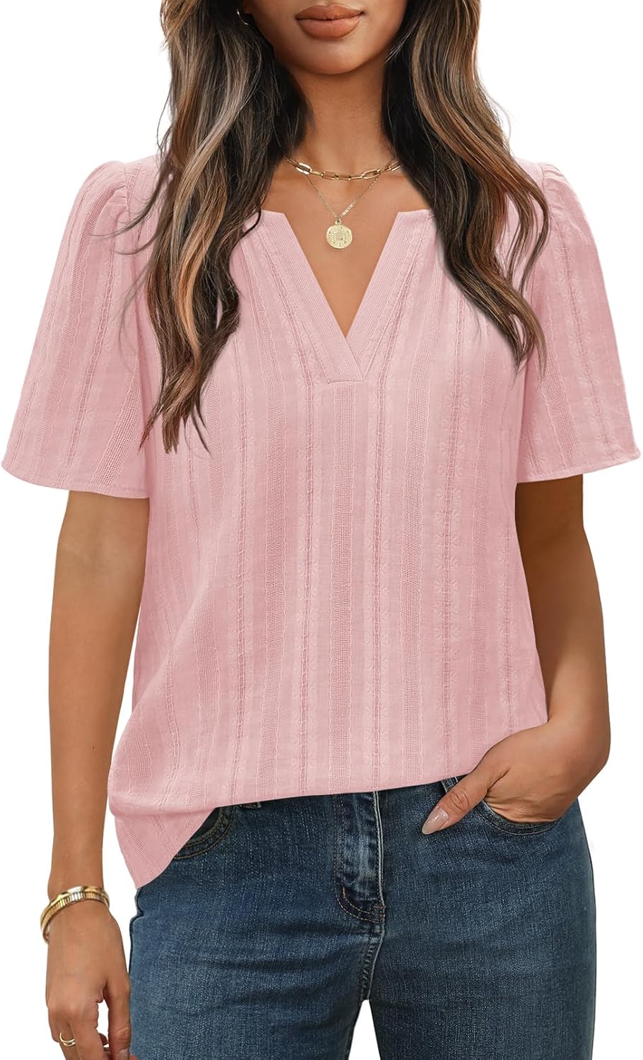 MEROKEETY Women's Summer Business Casual Blouse Tops Dressy Short Sleeve V Neck Loose Fit Work T Shirts - Image 2