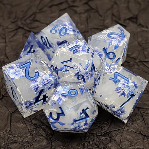 Miniatura 2 de XTechnor DND - Juego de 7 dados hechos a mano de resina de borde afilado con estuche de regalo para juegos de mesa DND de Calabozos y Dragones (flor