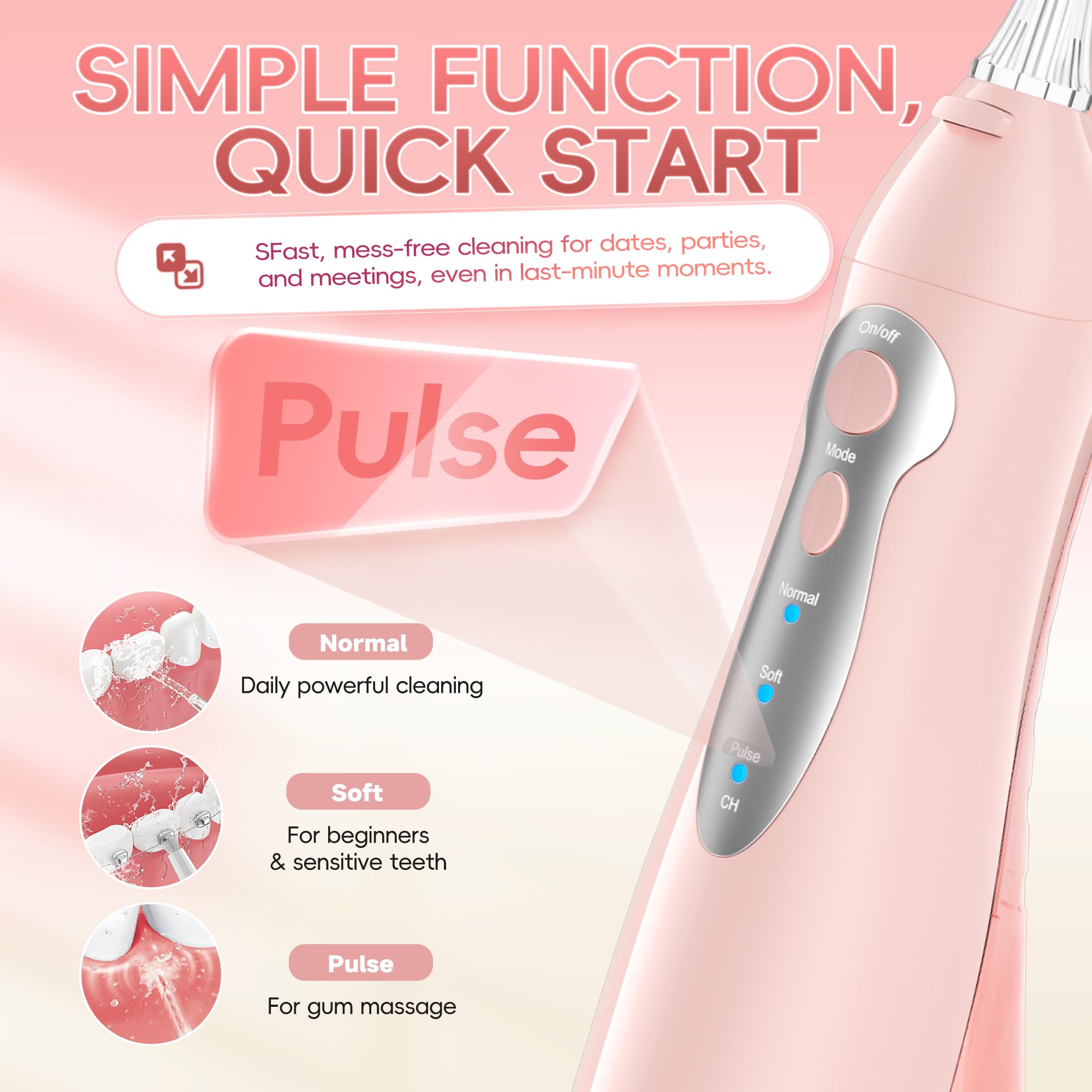 Mornwell Irrigador Dental, Irrigador Bucal Portátil para Dientes con Depósito, 4 Boquillas para Viaje y Familia, USB Recargable (Rosa)