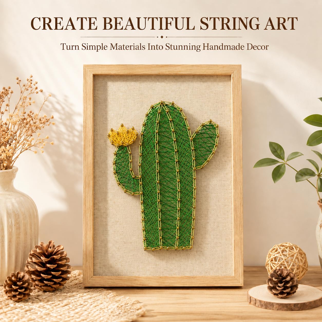 FunSpace Manualidades con Hilo y Clavos con Bastidor y Todos los Accesorios Necesarios para Niños, Adultos, Estudiantes - Decoración de Pared para el Hogar - Regalo Único (Cáctus)