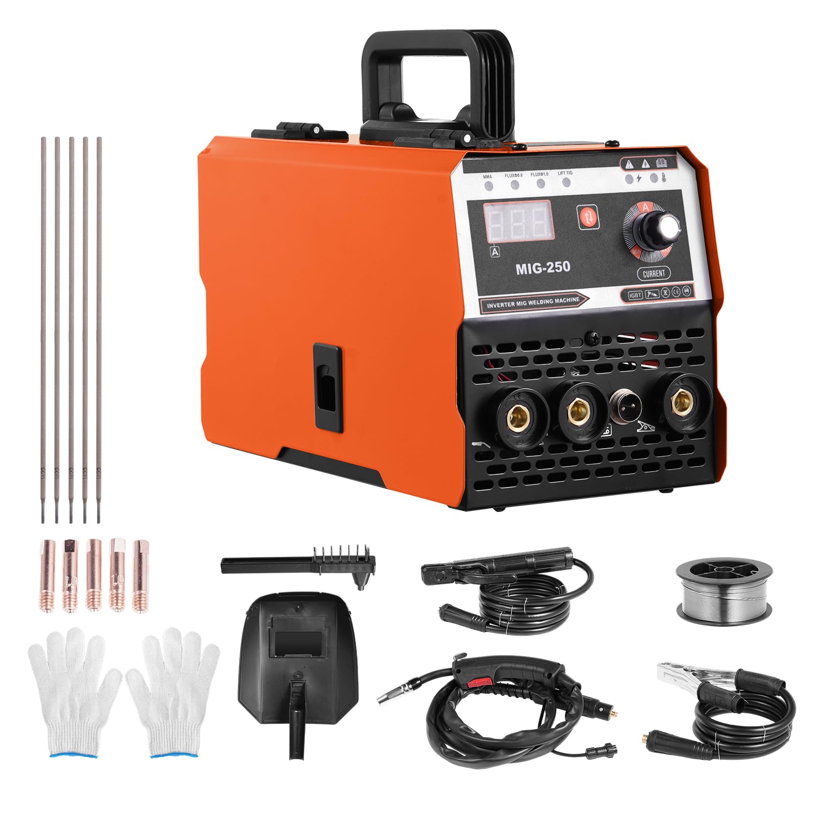 MIG - Soldadora de alambre de relleno 3 en 1 (250 A, con ARC/Flux MIG/MMA Lift WIG, soldadura de alambre de relleno (0,8 mm y 1 mm), con alimentación de alambre sinérgico, dispositivo de soldadura