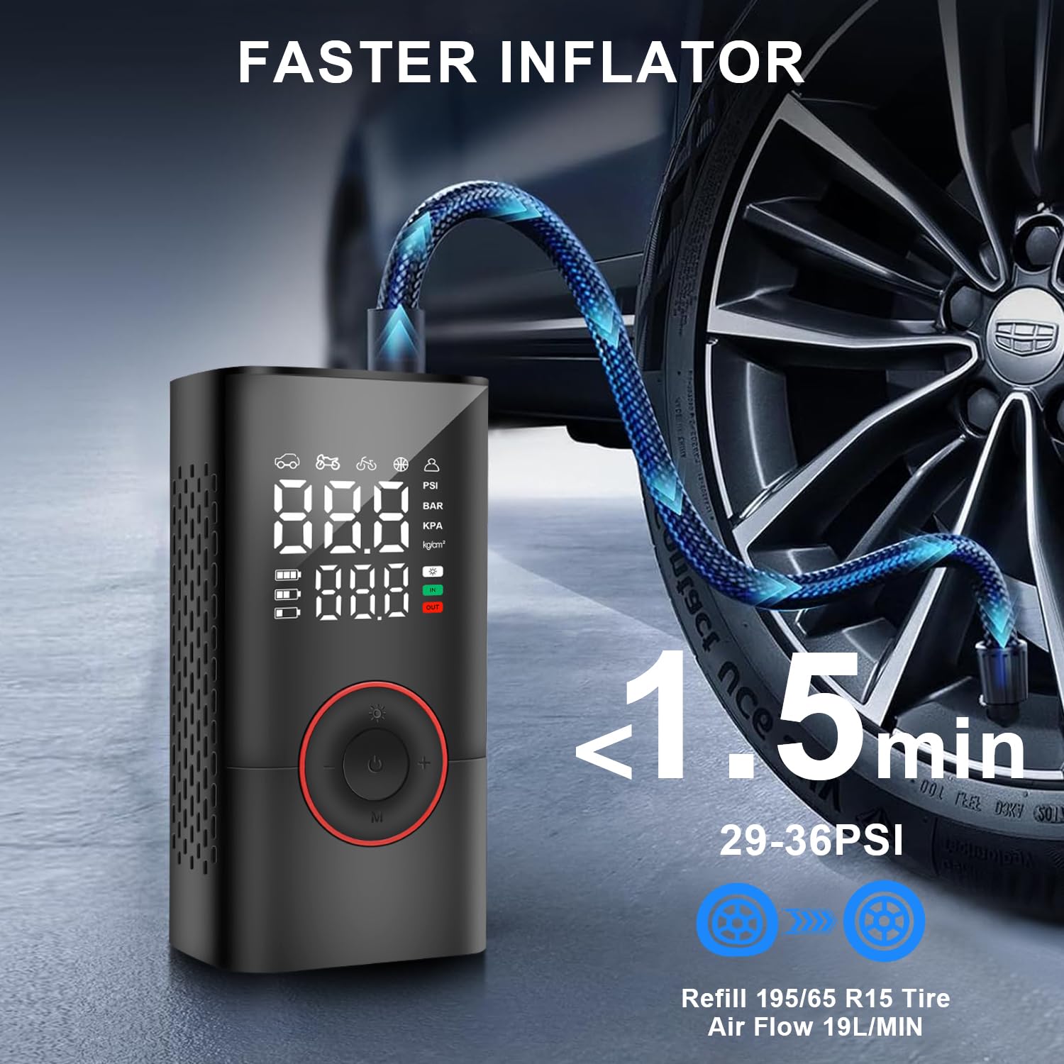 COOLMAN - Inflador de neumáticos portátil, 150 PSI, bomba eléctrica inalámbrica para bicicleta, inflador de neumáticos portátil con medidor de presión LCD y luz LED, ideal para coches, bicicletas
