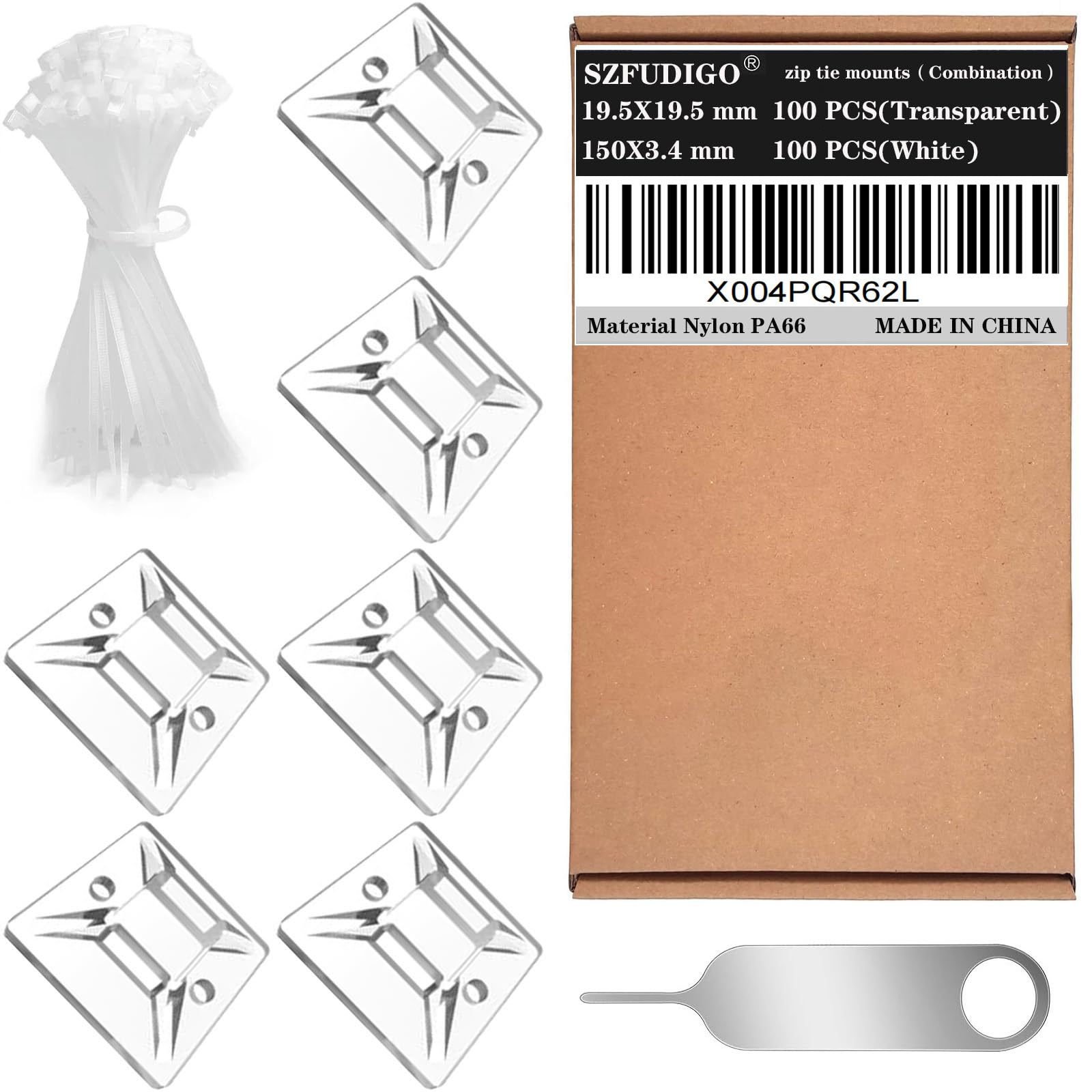 SZFUDIGO zip tie mounts （100PCS）,transparent adhesive wire clips19.5mm-19.5mm，100PCS 150mm adhesive zip cable tie mounts(white)