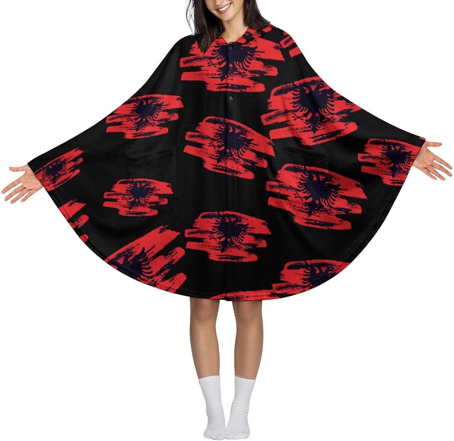 Albanian Flag Wearable Blanket with Hooded Flannel Blankets Cape with Pocket