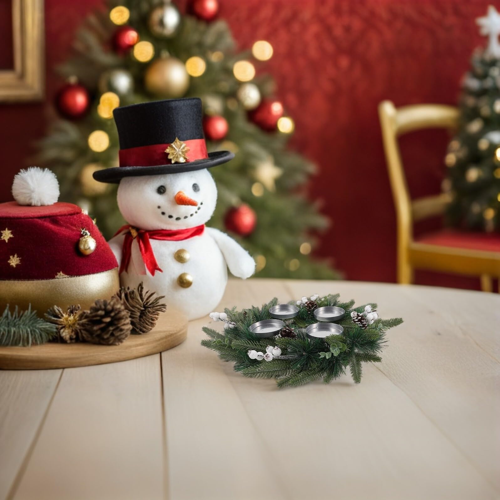 Anillo de Adviento de Navidad Portavelas de Vela de Pino Artificial Cono y Bayas para Chimenea de Centro de Mesa Navideña Decoración de Guirnalda Navideña