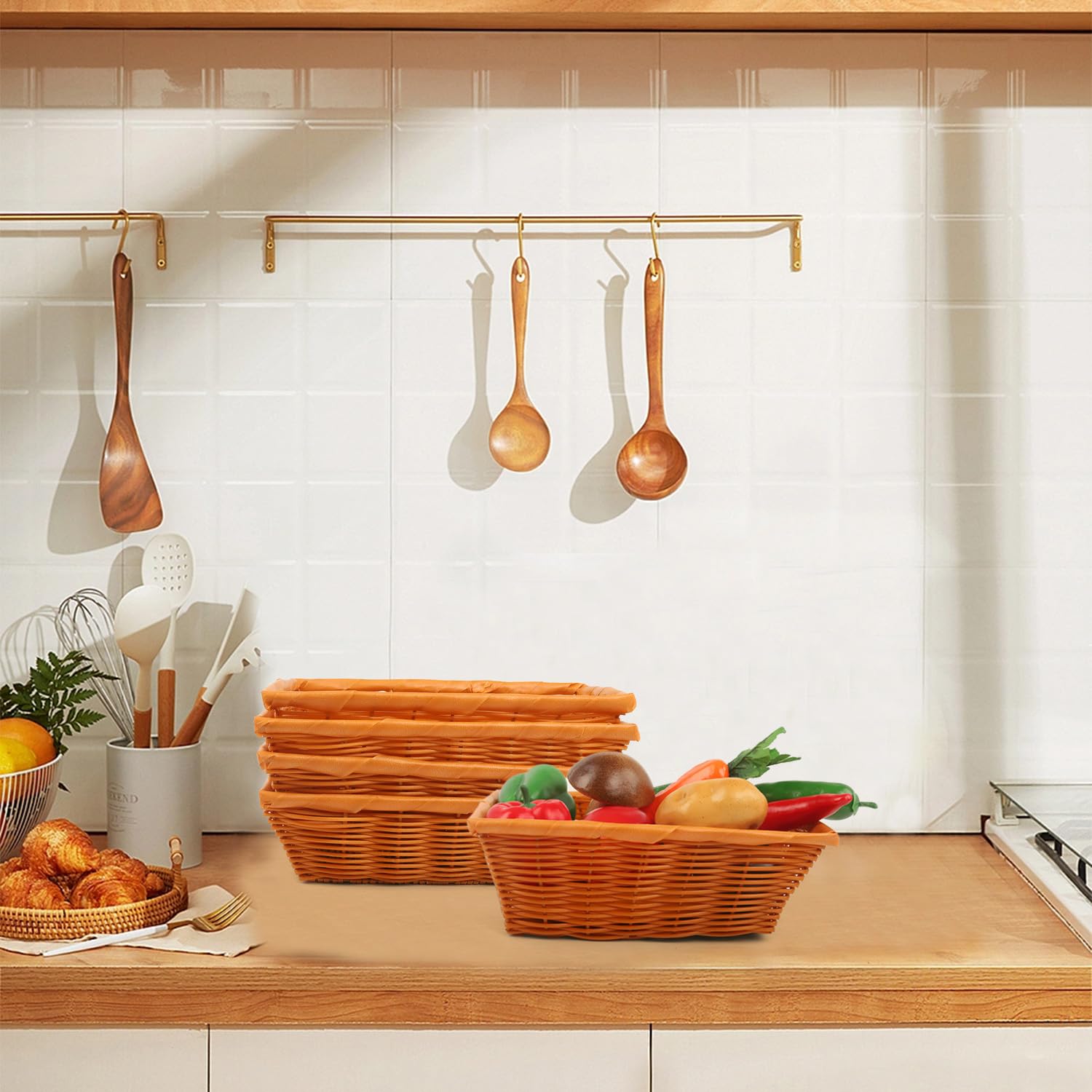 Nsmykhg 6 cestas tejidas para pan, cestas cuadradas de plástico pequeñas para alimentos y regalos, almacenamiento marrón para frutas, verduras, aperitivos, cestas vacías de cocina y restaurante, 11.8