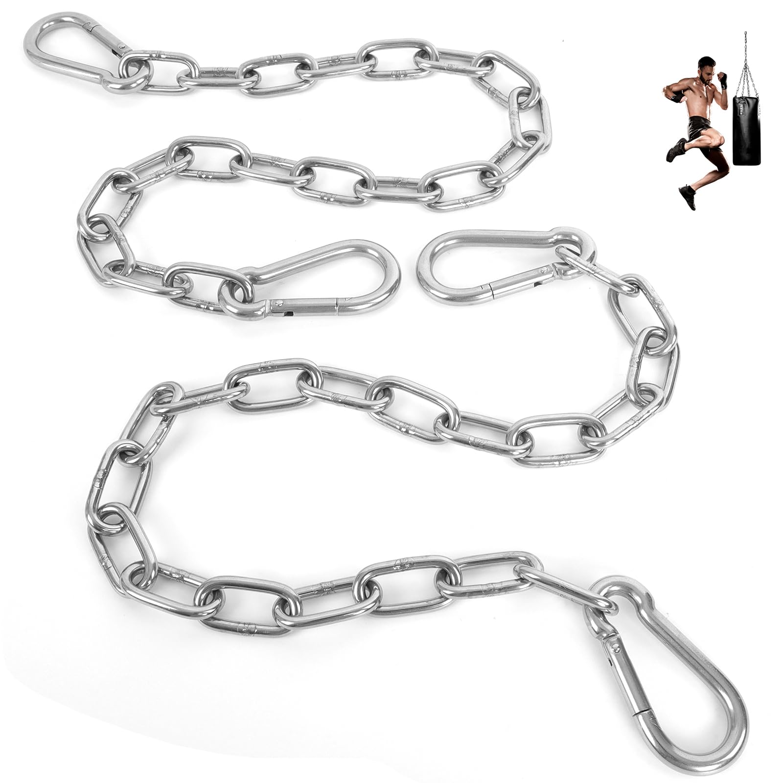 Photo 1 of 2 Pack 30 Inch Heavy Duty Chains, 1/5 Inch Thick Steel Hanging Chain with Spring Snap, Easy to Install Chain Extender for Punching Boxing Bag, Hammock, Porch Yoga Trapeze Swing, Silver, 440LB