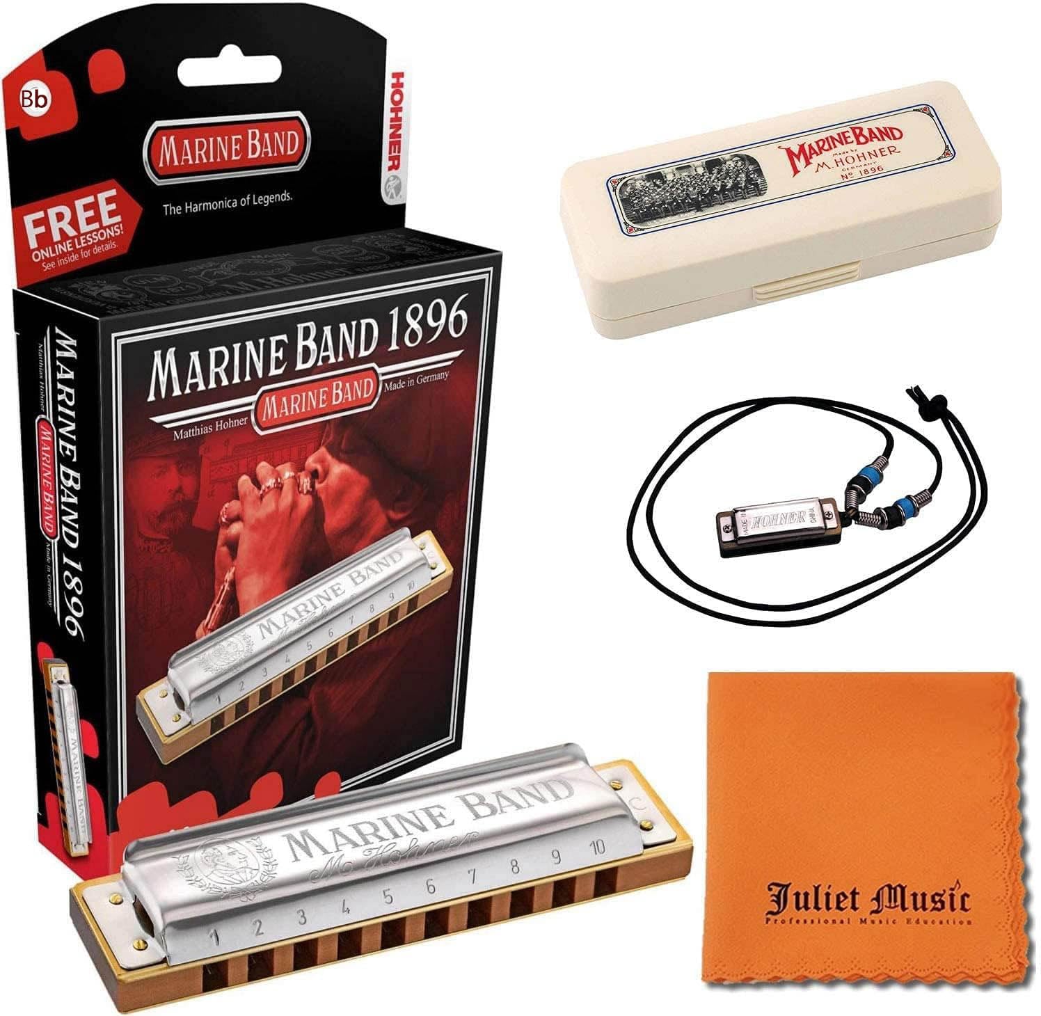 Hohner Harmonica Marine Band Key Bb 1896BXBb 10 Holes, Bundle with Hard Case, Mini Harmonica Necklace Juliet Music Polishing Cloth