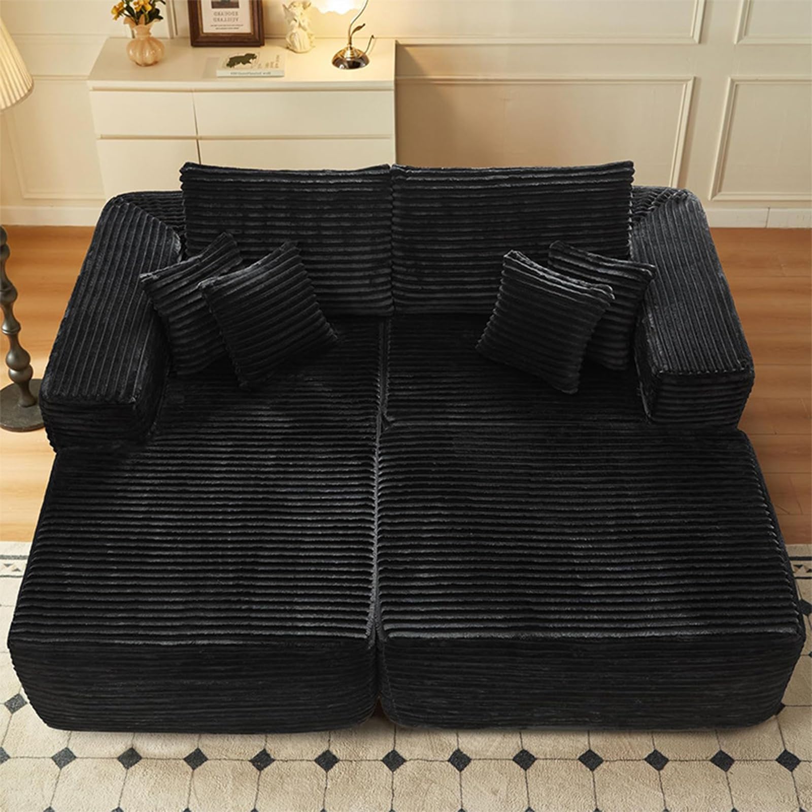 BEDOIN Modular Sectional Sofa Bed,Oversized Sectional Lounge Chaise,Cloud Plush Corduroy Modern Sleeper Loveseat for Living Room Bedroom black- 204 * 176 * 90cm