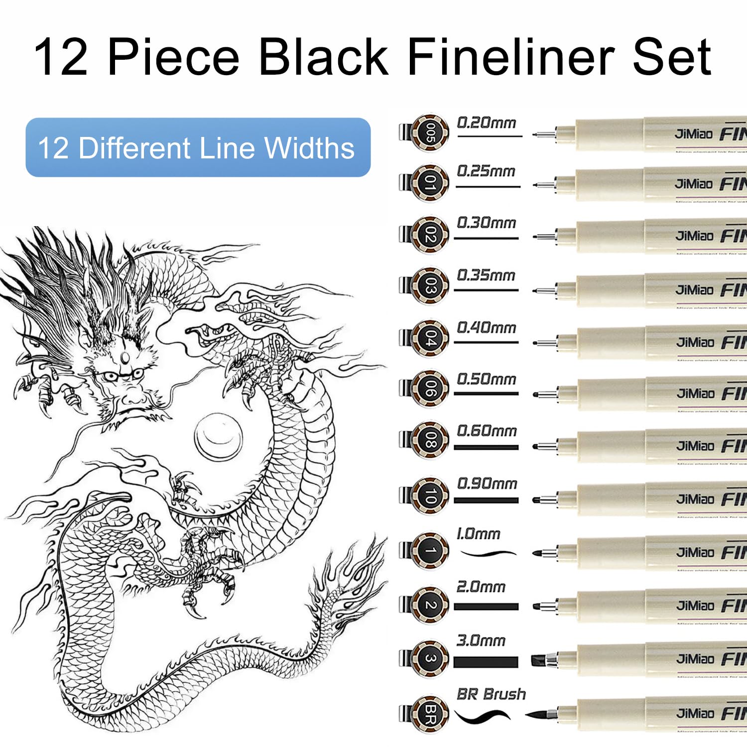 Penne da disegno Pigment Liner Nero Punta Fine impermeabile 12 Pezzi