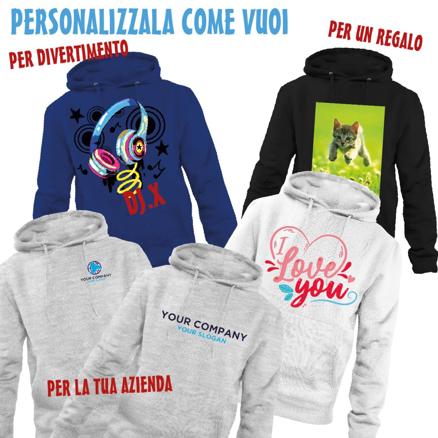 Felpa con cappuccio personalizzata - felpa personalizzabile con cappuccio uomo/donna cotone tinta unita - con testo - foto e grafiche personalizzate