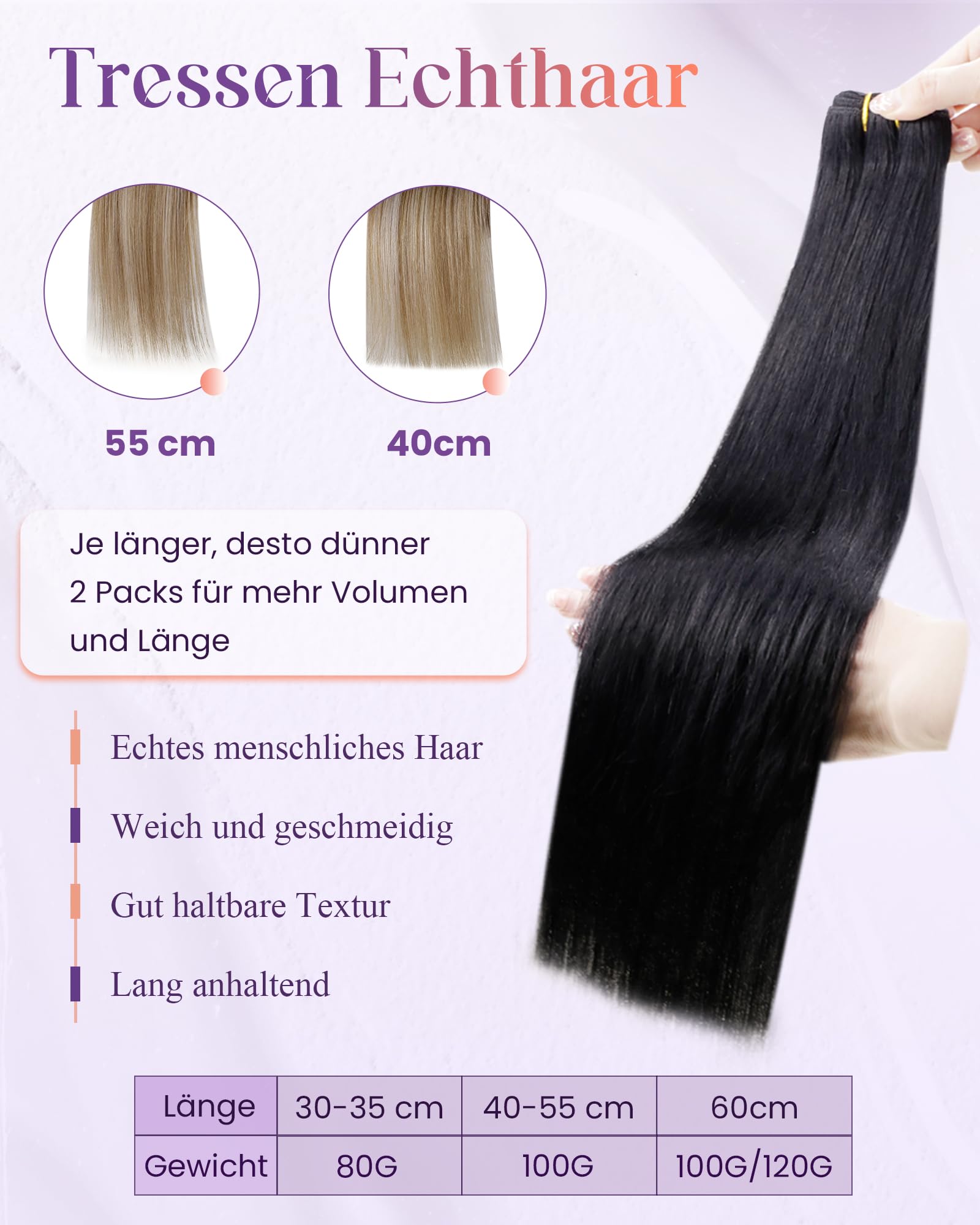 LaaVoo 60cm Echthaar Tressen zum Einnähen Schwarz #1 Remy Menschliches Haar 120g Glatt Extensions
