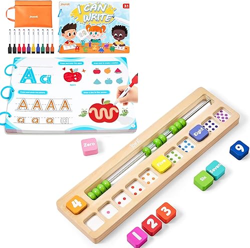 JoyCat Libro de práctica de actividades de aprendizaje preescolar de 48 páginas y rompecabezas de números de madera con 10 cuentas y 11 bloques de