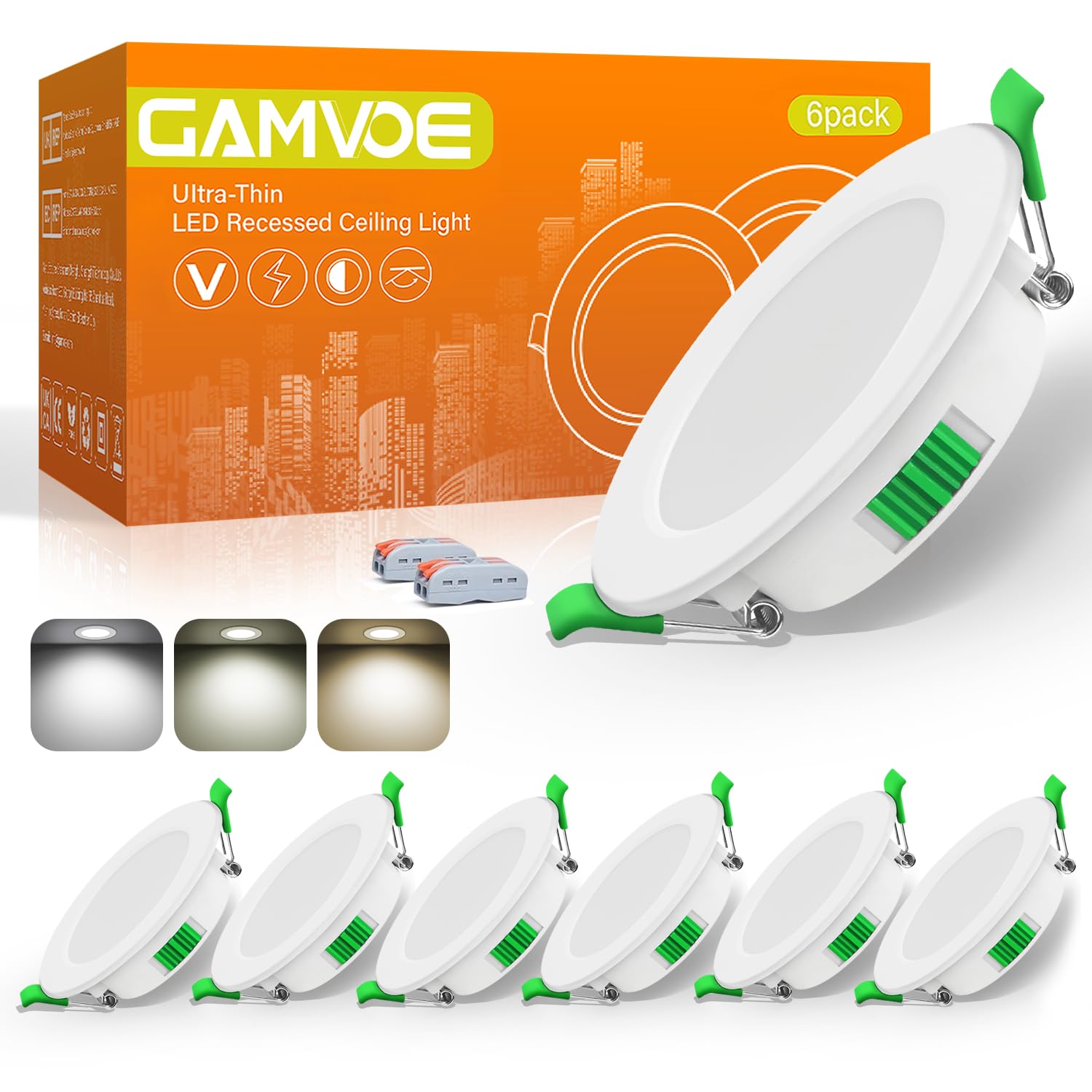 Recessed Ceiling Light Dimmable,GAMVOE Downlights for Ceiling 5W 3CCT LED Spot Light 2700K/4000K/6000K Adjustable IP44 Ultra Slim Bathroom Spotlight Cut Diameter 66-87mm for Kitchen,Living Room(6Pack)