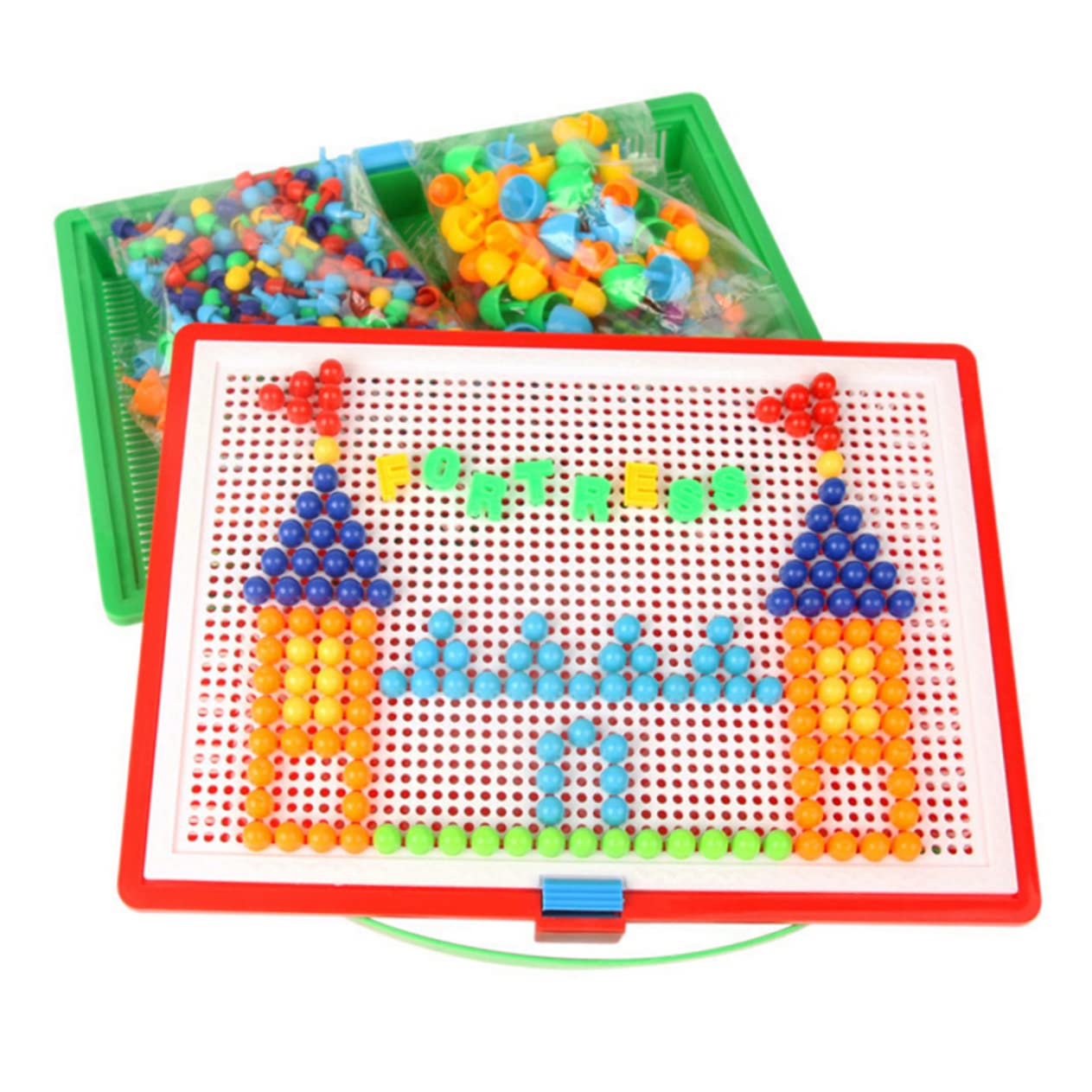 KOMBIUDA Gioco Educativo con 296 Elementi di Chiodi a Fungo in Plastica per Ragazzo Ragazza, Puzzle Creativo con Pegboard e Cestino Portaoggetti per Attività Homeschooling e Colore Casuale