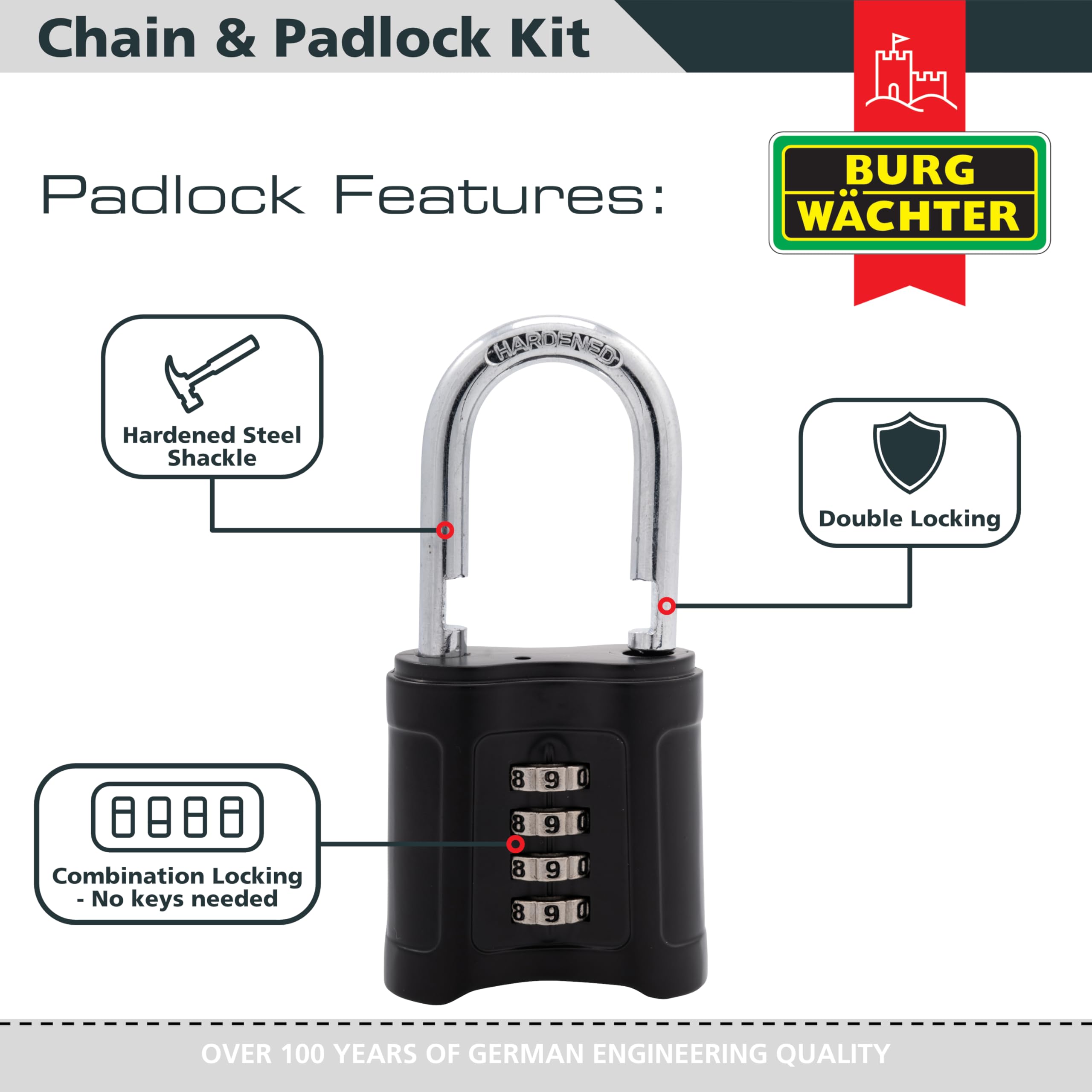 Burg Wächter SKM 6/60 CPL Burg Wachter 60cm 6mm Security Chain & Combination Padlock, Black - Image 3
