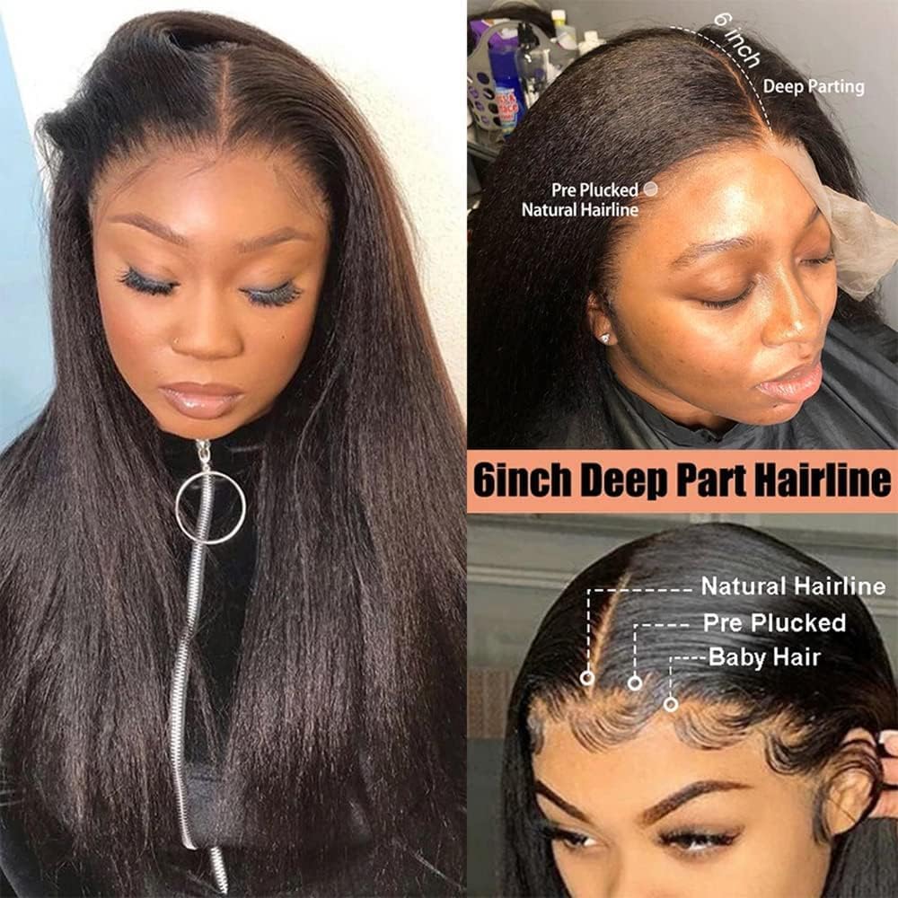 HC 13x6 Kinky Straight Human Hair Wig 180% Density HD Transparent Glueless Lace Front Wigs Human Hair Pre Plucked with Baby Hair Natural Hairline Yaki Straight Human Hair Wigs For Black Women 20inch