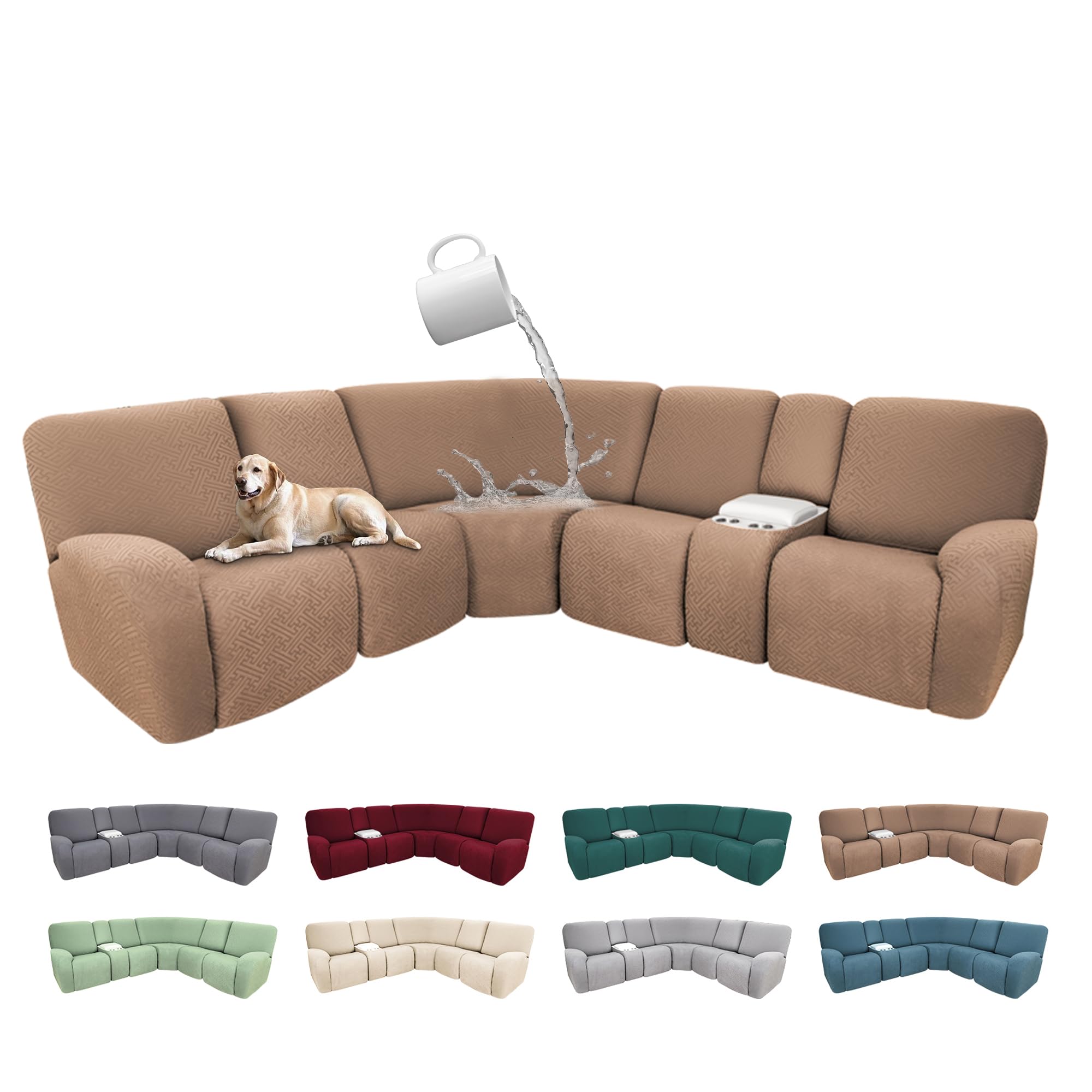 Photo 1 of ROFASVCO 100% Waterproof Sectional Recliner Couch Covers for Reclining Couch L Shaped Corner Sectional Sofa Cover Jacquard Stretch L Shape Recliner Slipcovers (5 Seater 1 Console Cover, Coffee)