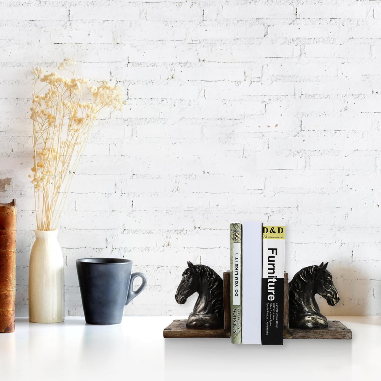 Ferma Libri Testa di Cavallo in Resina Stile Retrò 1 Paio | Lavorazione Fine, Finitura Levigata, per Ufficio e Studio, Elemento D’arredo per Mensole e Scrivanie