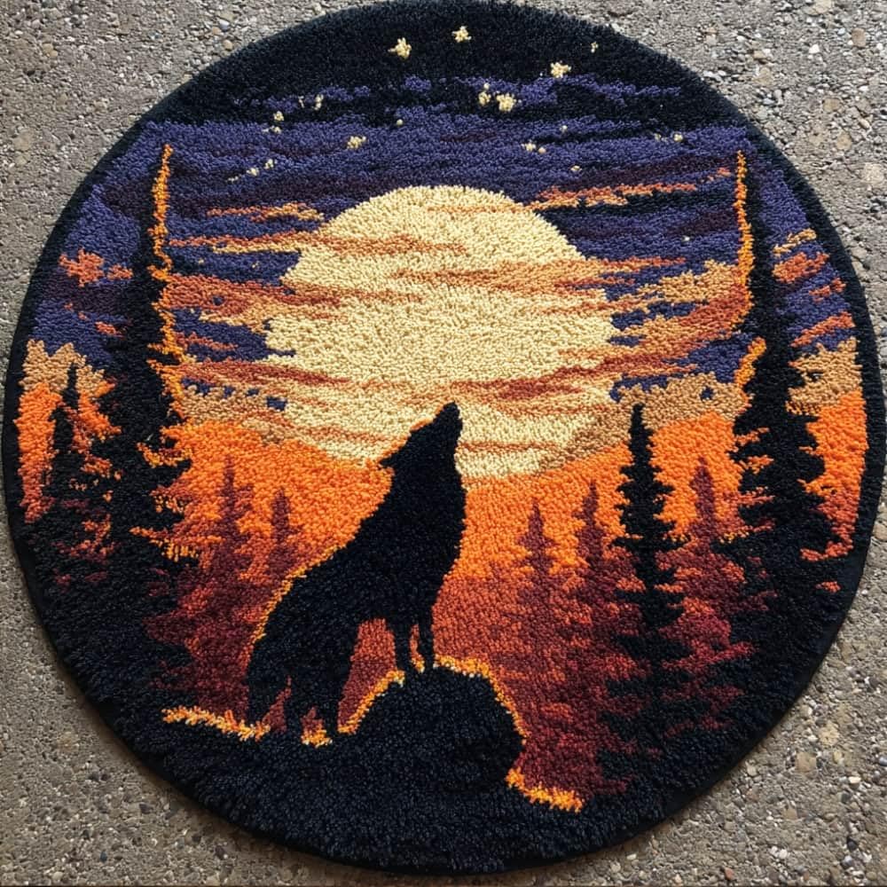 Round Latch Hook Rug Kits Wolf For Adults And Starter 50*50Cm